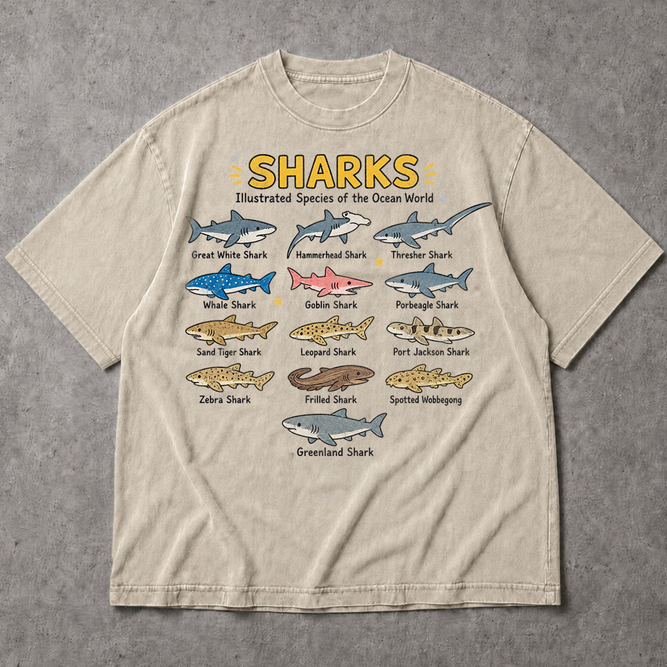 SF_COLOR=sand; SF_ITEM=adult-t-shirt; SF_ROLE=main; Ocean Sharks Illustrated Species T-Shirt Educational Marine Biology Animal Tee - Sand Adult T-Shirt product image