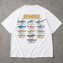 SF_COLOR=white; SF_ITEM=adult-t-shirt; SF_ROLE=main; Ocean Sharks Illustrated Species T-Shirt Educational Marine Biology Animal Tee - White Adult T-Shirt product image