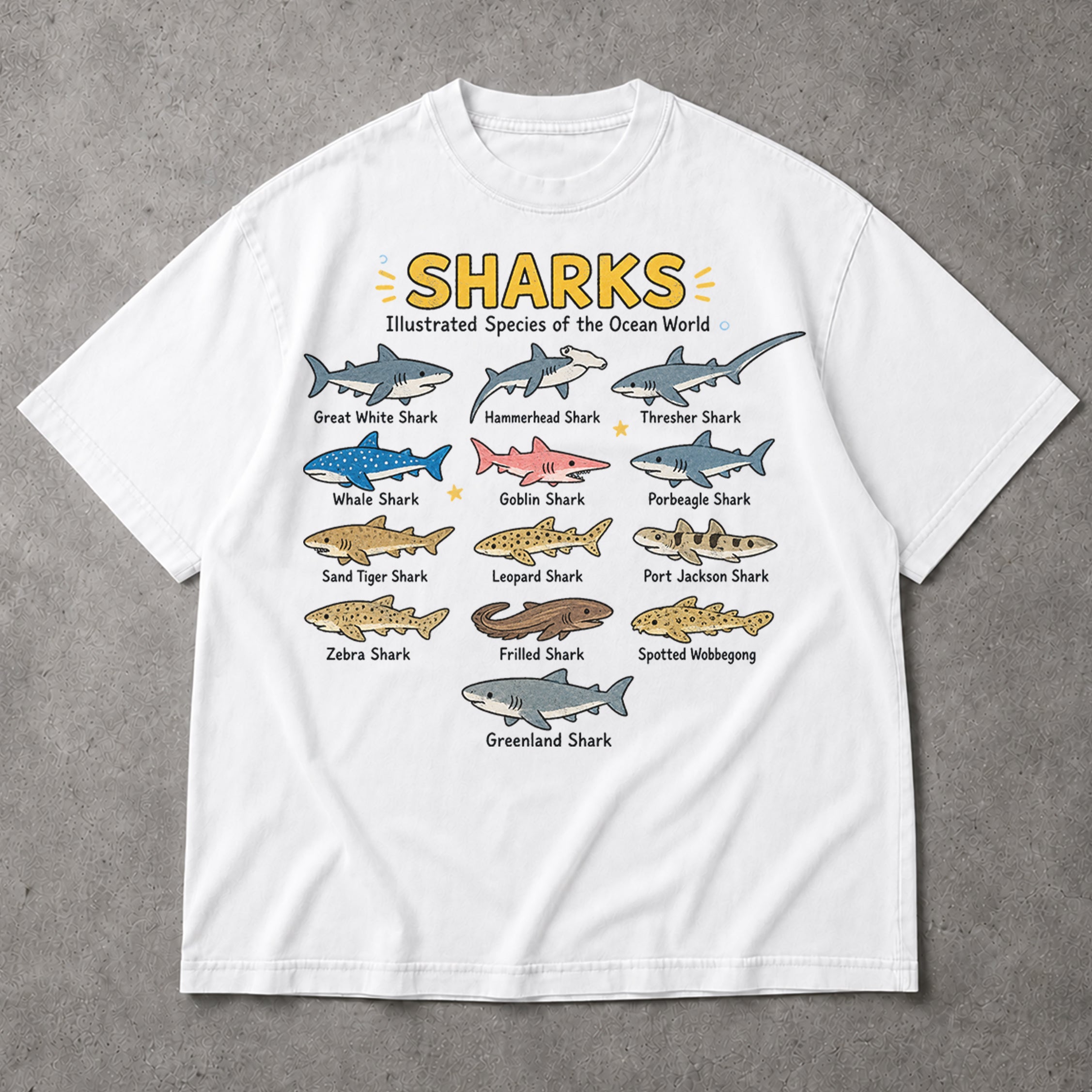 SF_COLOR=white; SF_ITEM=adult-t-shirt; SF_ROLE=main; Ocean Sharks Illustrated Species T-Shirt Educational Marine Biology Animal Tee - White Adult T-Shirt product image