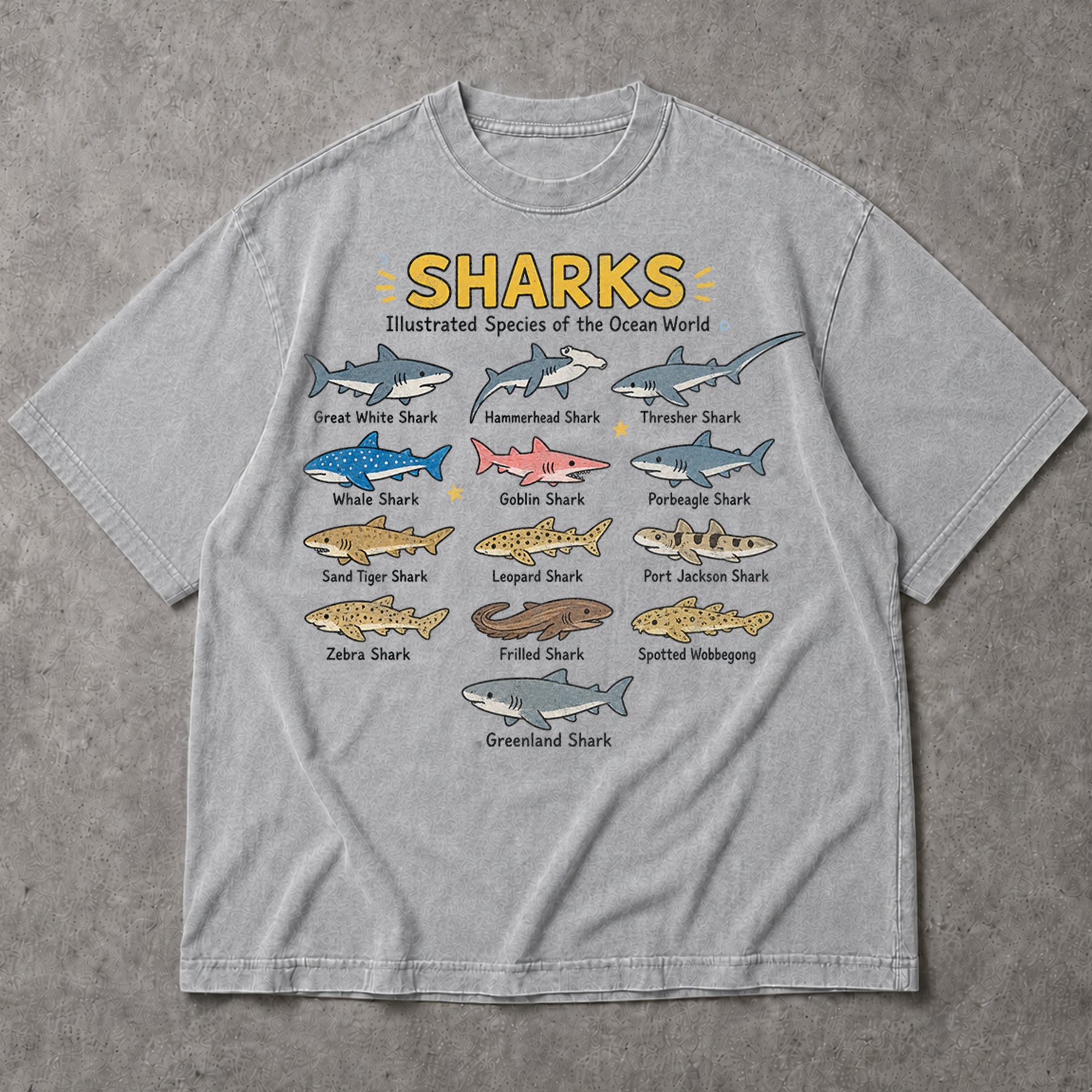 SF_COLOR=sport-grey; SF_ITEM=adult-t-shirt; SF_ROLE=main; Ocean Sharks Illustrated Species T-Shirt Educational Marine Biology Animal Tee - Sport Grey Adult T-Shirt product image