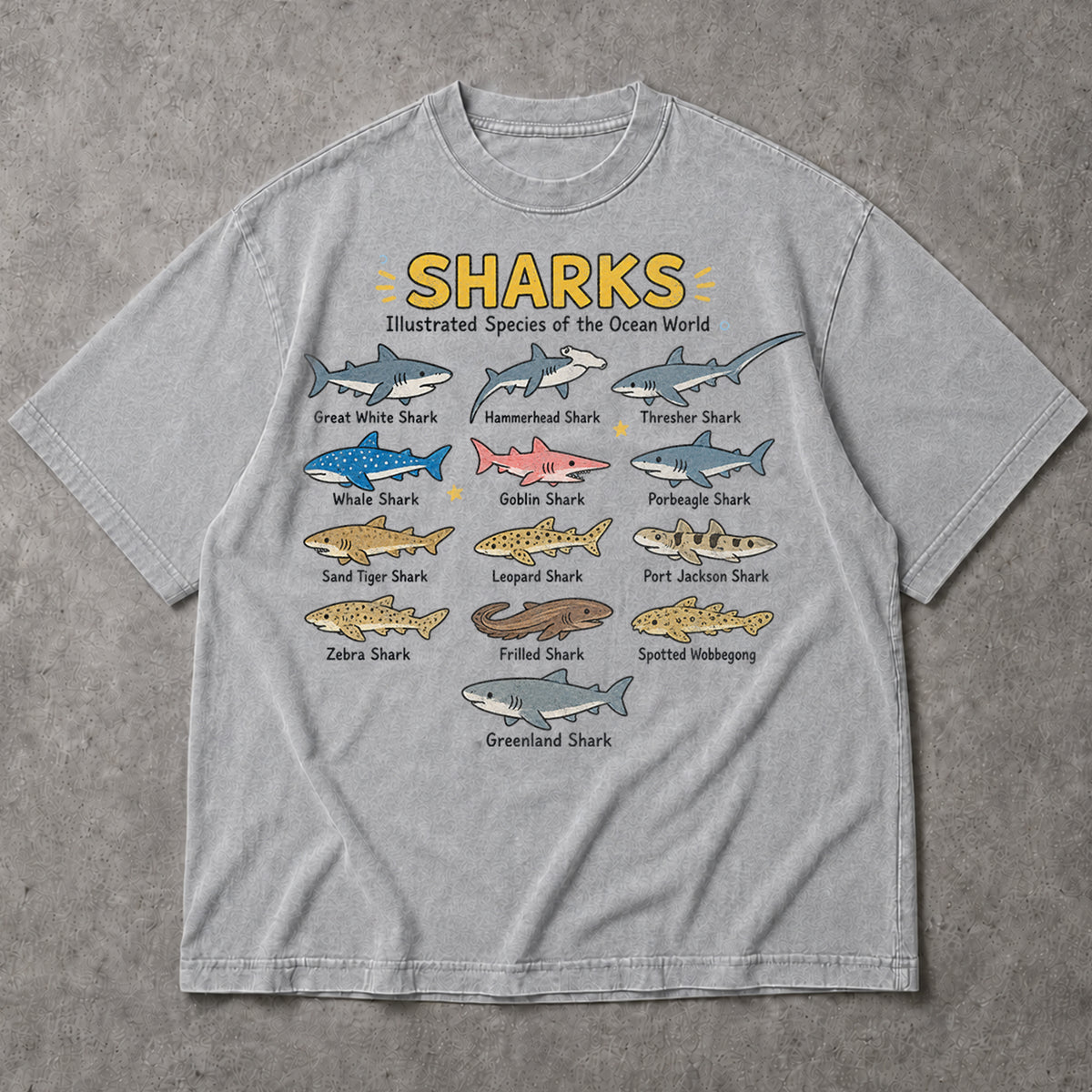 SF_COLOR=sport-grey; SF_ITEM=adult-t-shirt; SF_ROLE=main; Ocean Sharks Illustrated Species T-Shirt Educational Marine Biology Animal Tee - Sport Grey Adult T-Shirt product image