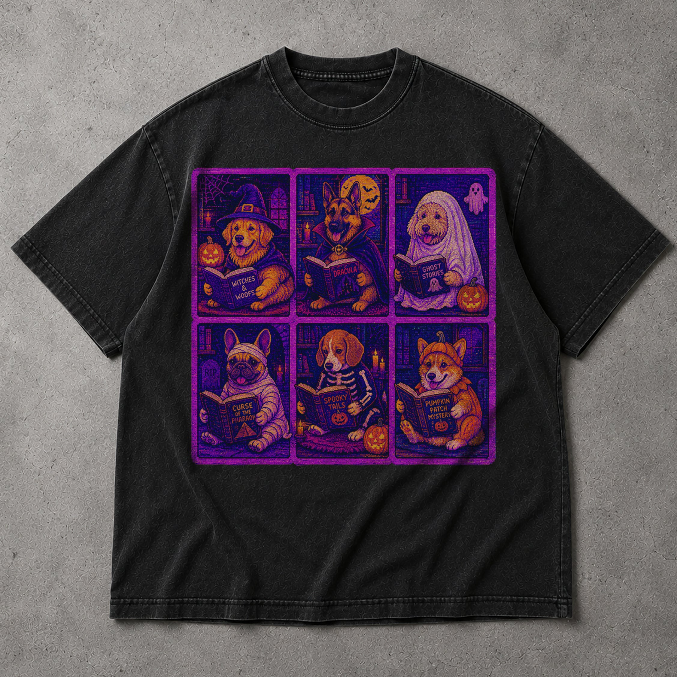 SF_COLOR=black; SF_ITEM=adult-t-shirt; SF_ROLE=main; Pixel Art Halloween Dogs Reading T-Shirt Spooky Puppies Bit Arcade Retro Tee - Black Adult T-Shirt product image