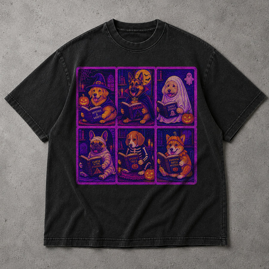 Pixel Art Halloween Dogs Reading T-Shirt Spooky Puppies Bit Arcade Retro Tee