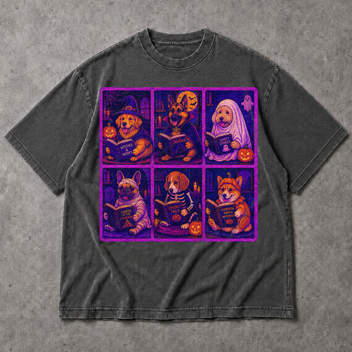 SF_COLOR=dark-heather; SF_ITEM=adult-t-shirt; SF_ROLE=main; Pixel Art Halloween Dogs Reading T-Shirt Spooky Puppies Bit Arcade Retro Tee - Dark Heather Adult T-Shirt product image