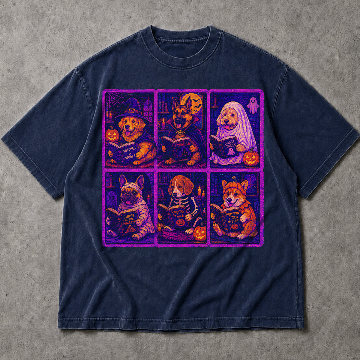SF_COLOR=navy; SF_ITEM=adult-t-shirt; SF_ROLE=main; Pixel Art Halloween Dogs Reading T-Shirt Spooky Puppies Bit Arcade Retro Tee - Navy Adult T-Shirt product image