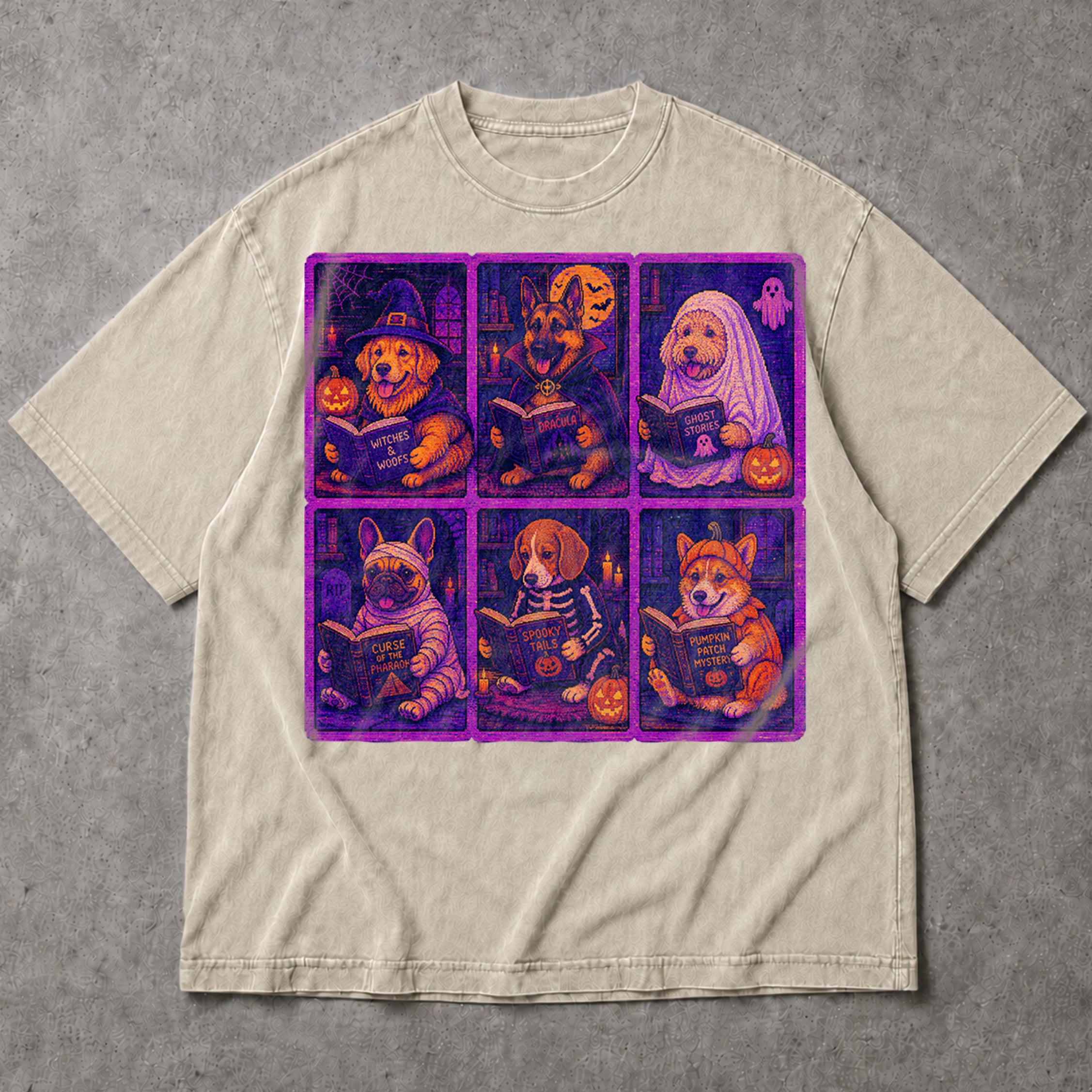 SF_COLOR=sand; SF_ITEM=adult-t-shirt; SF_ROLE=main; Pixel Art Halloween Dogs Reading T-Shirt Spooky Puppies Bit Arcade Retro Tee - Sand Adult T-Shirt product image
