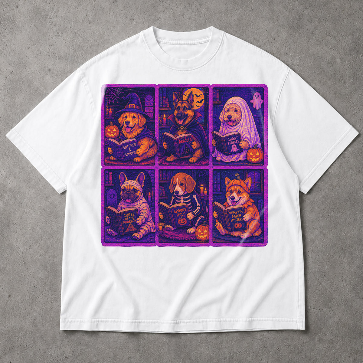 SF_COLOR=white; SF_ITEM=adult-t-shirt; SF_ROLE=main; Pixel Art Halloween Dogs Reading T-Shirt Spooky Puppies Bit Arcade Retro Tee - White Adult T-Shirt product image