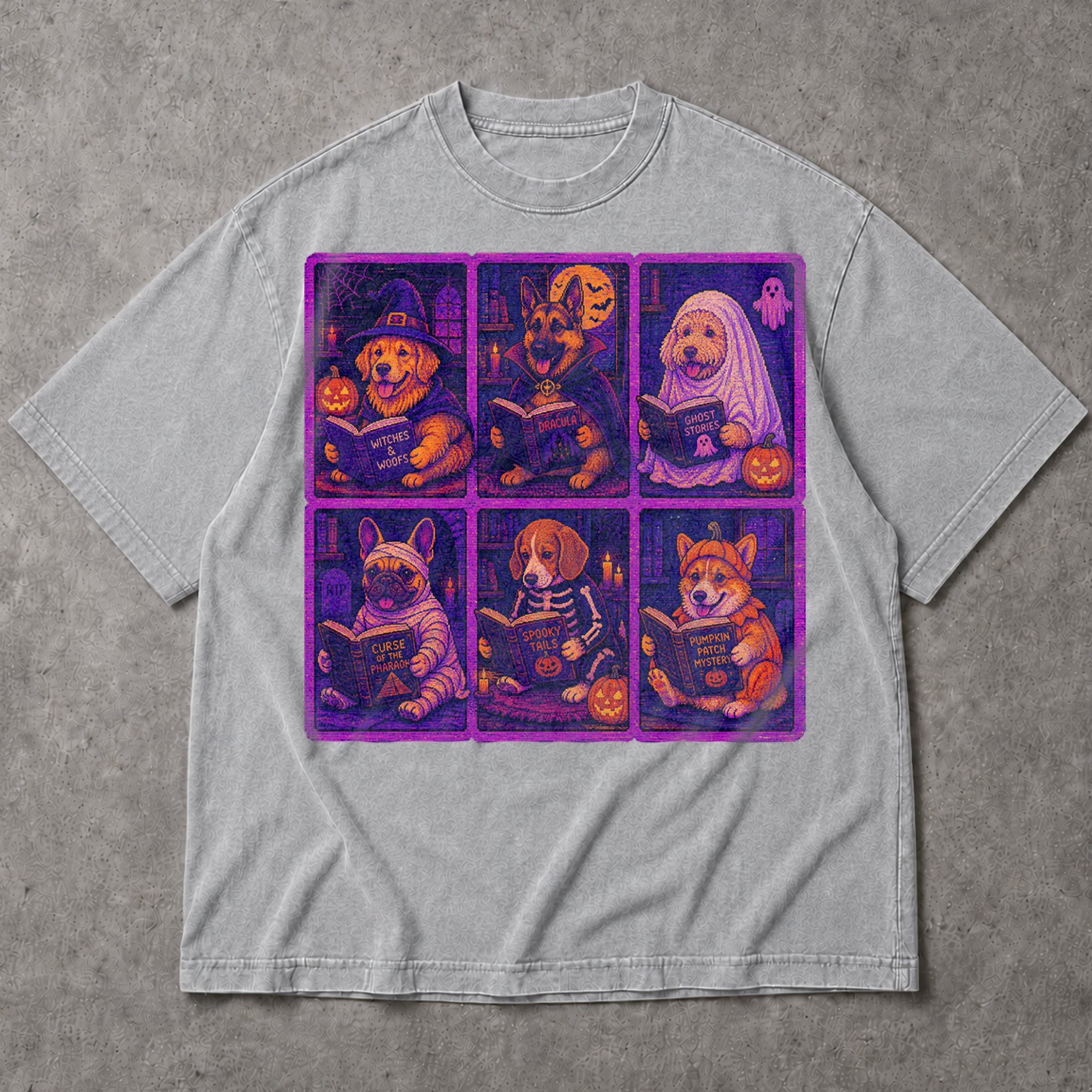SF_COLOR=sport-grey; SF_ITEM=adult-t-shirt; SF_ROLE=main; Pixel Art Halloween Dogs Reading T-Shirt Spooky Puppies Bit Arcade Retro Tee - Sport Grey Adult T-Shirt product image