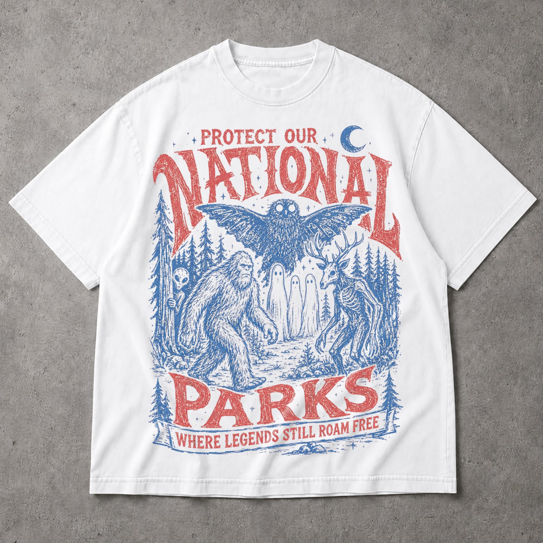 SF_COLOR=white; SF_ITEM=adult-t-shirt; SF_ROLE=main; Protect Our National Parks Bigfoot T-Shirt Cryptids Owl Wendigo Woods Tee - White Adult T-Shirt product image