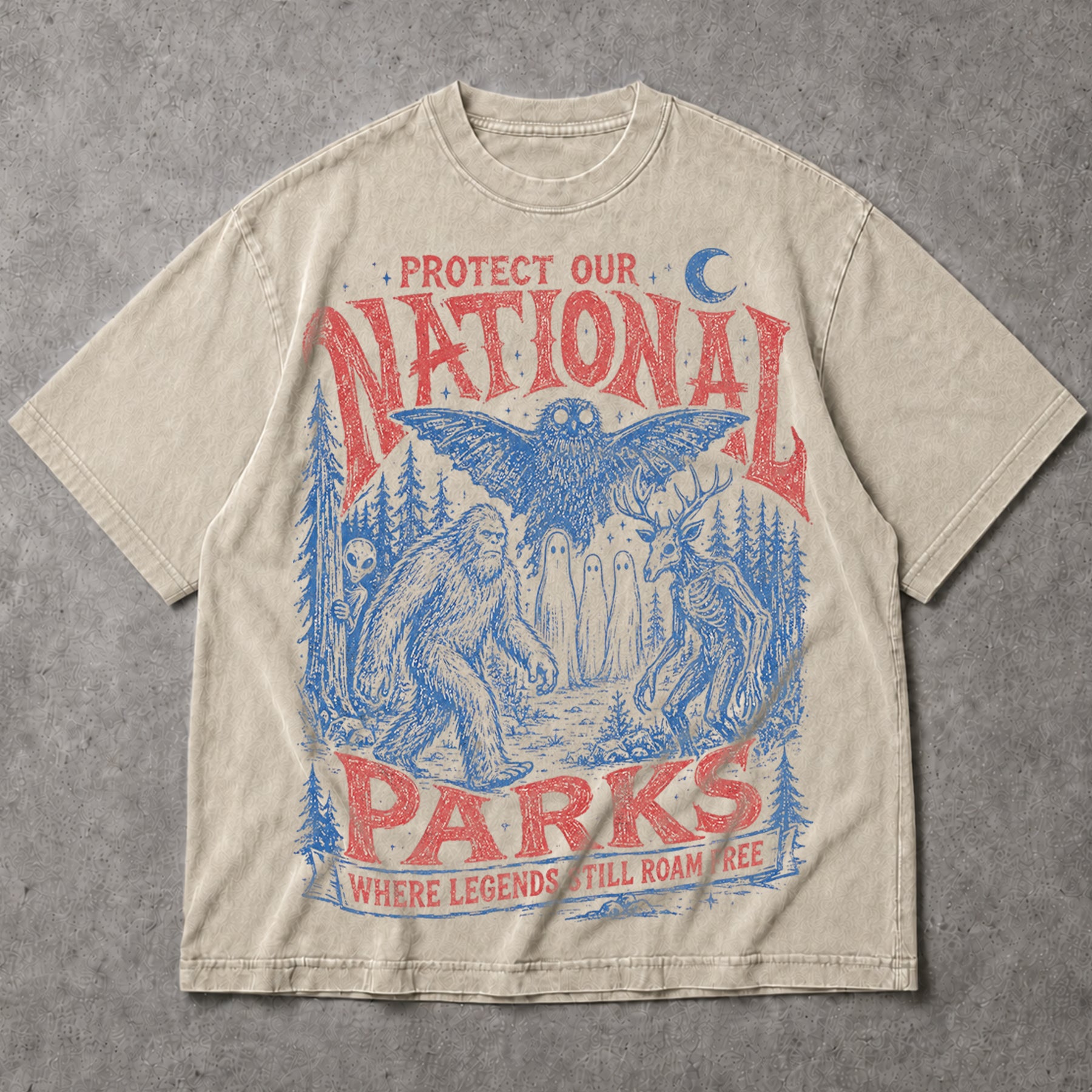 SF_COLOR=sand; SF_ITEM=adult-t-shirt; SF_ROLE=main; Protect Our National Parks Bigfoot T-Shirt Cryptids Owl Wendigo Woods Tee - Sand Adult T-Shirt product image