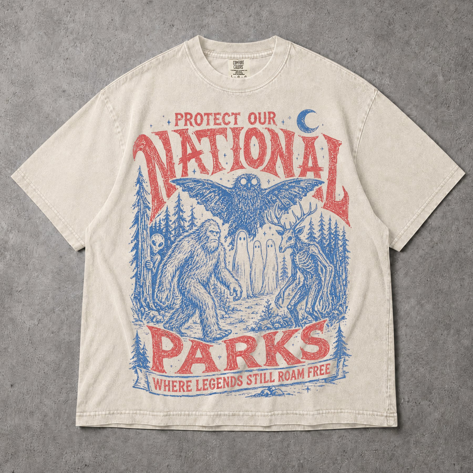 SF_COLOR=ivory; SF_ITEM=adult-t-shirt; SF_ROLE=gallery; Protect Our National Parks Bigfoot T-Shirt Cryptids Owl Wendigo Woods Tee - Ivory Adult T-Shirt product image