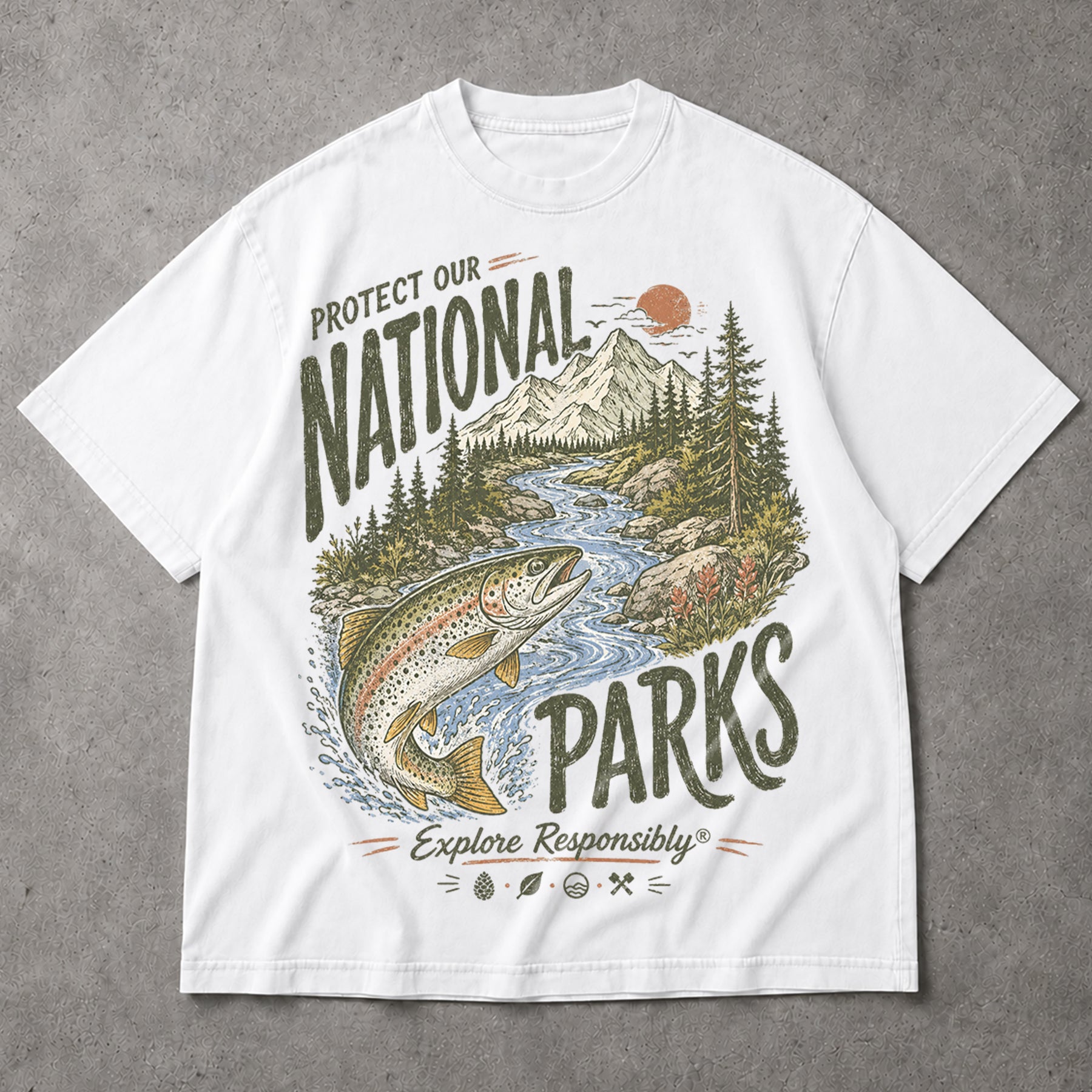 SF_COLOR=white; SF_ITEM=adult-t-shirt; SF_ROLE=main; Protect Our National Parks Trout Fishing T-Shirt Explore Responsibly Tee - White Adult T-Shirt product image