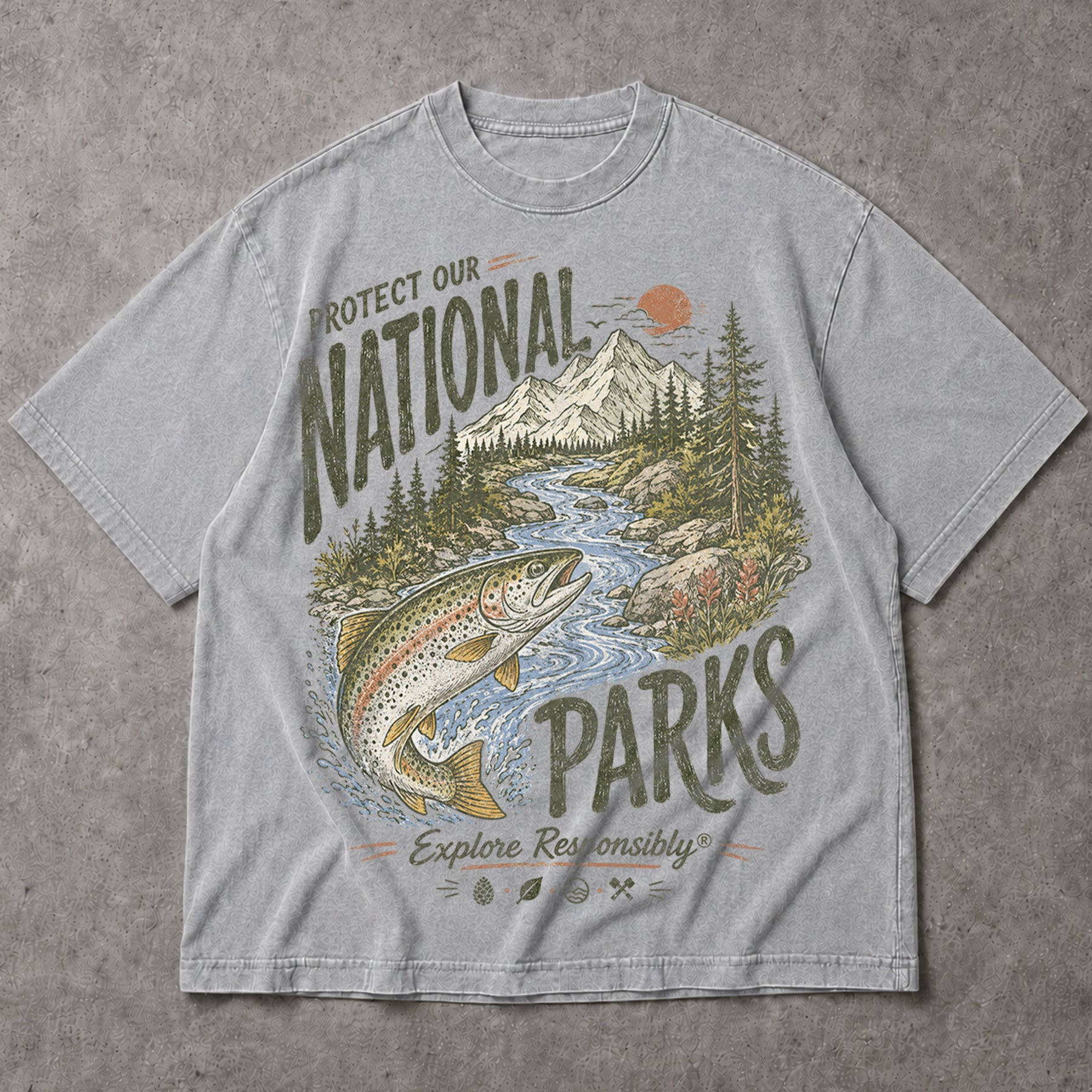 SF_COLOR=sport-grey; SF_ITEM=adult-t-shirt; SF_ROLE=main; Protect Our National Parks Trout Fishing T-Shirt Explore Responsibly Tee - Sport Grey Adult T-Shirt product image