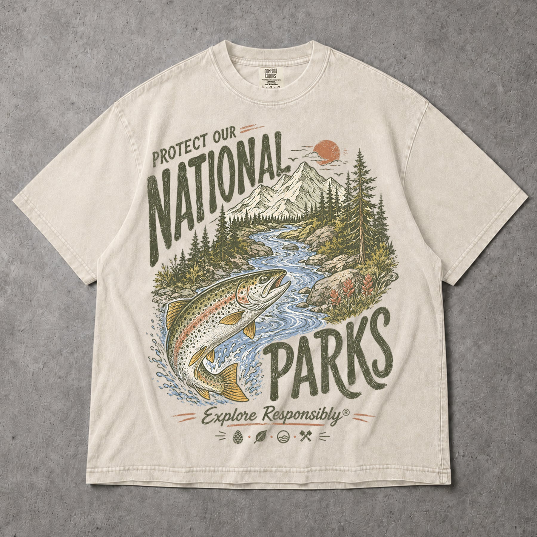SF_COLOR=ivory; SF_ITEM=adult-t-shirt; SF_ROLE=gallery; Protect Our National Parks Trout Fishing T-Shirt Explore Responsibly Tee - Ivory Adult T-Shirt product image