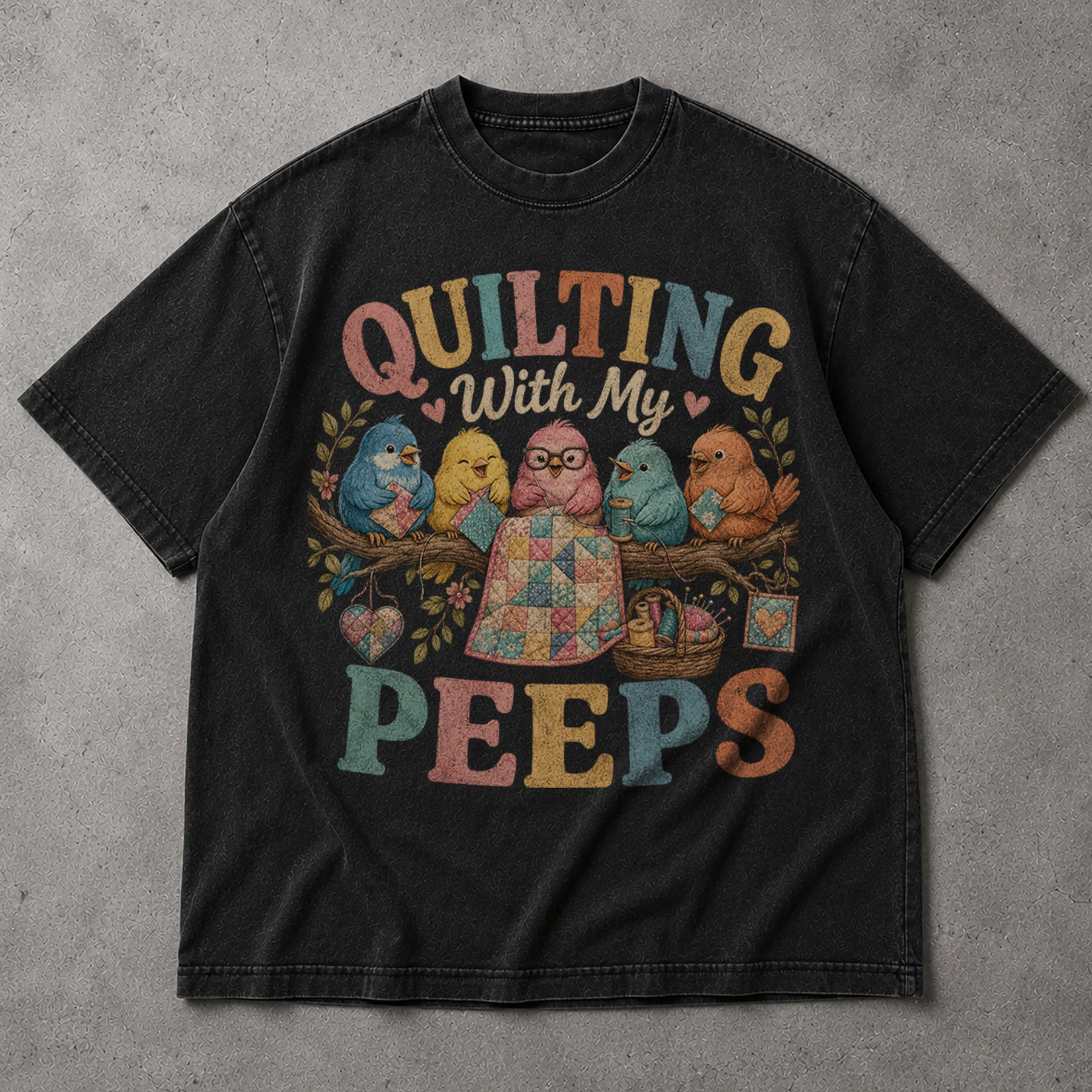 SF_COLOR=black; SF_ITEM=adult-t-shirt; SF_ROLE=main; Quilting With My Peeps Sewing T-Shirt Funny Birds Crafting Hobby Maker Apparel - Black Adult T-Shirt product image
