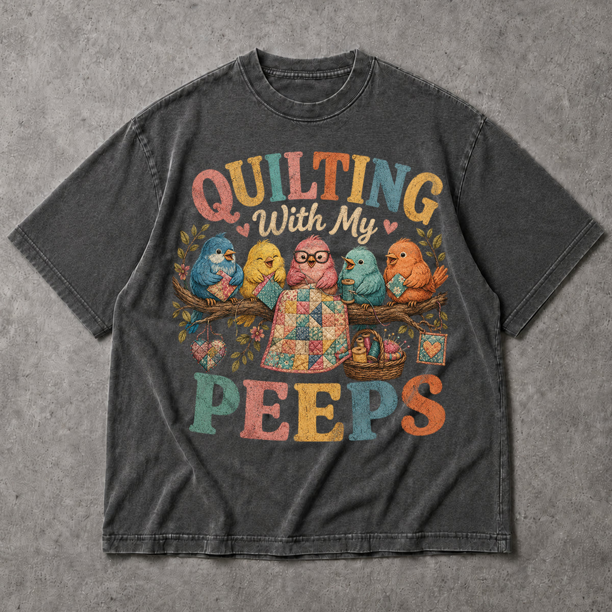 SF_COLOR=dark-heather; SF_ITEM=adult-t-shirt; SF_ROLE=main; Quilting With My Peeps Sewing T-Shirt Funny Birds Crafting Hobby Maker Apparel - Dark Heather Adult T-Shirt product image