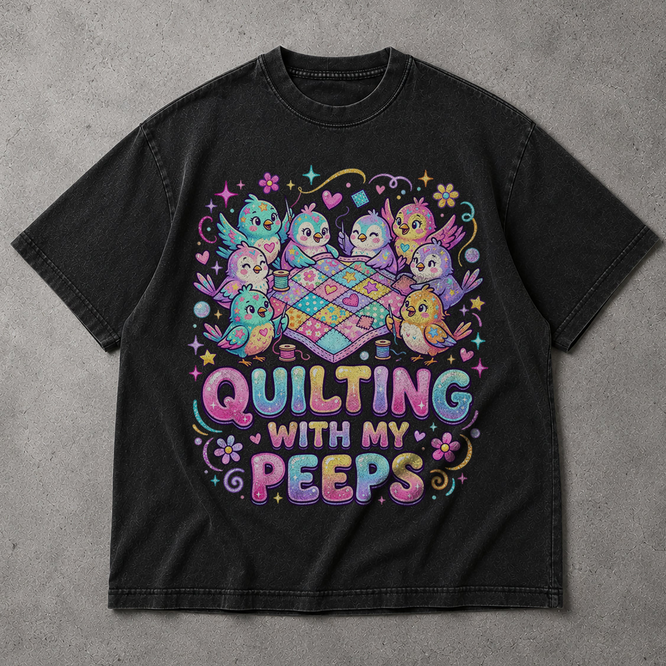 SF_COLOR=black; SF_ITEM=adult-t-shirt; SF_ROLE=main; Quilting With My Peeps T-Shirt Cute Kawaii Birds Sewing Crafter Hobby Apparel - Black Adult T-Shirt product image