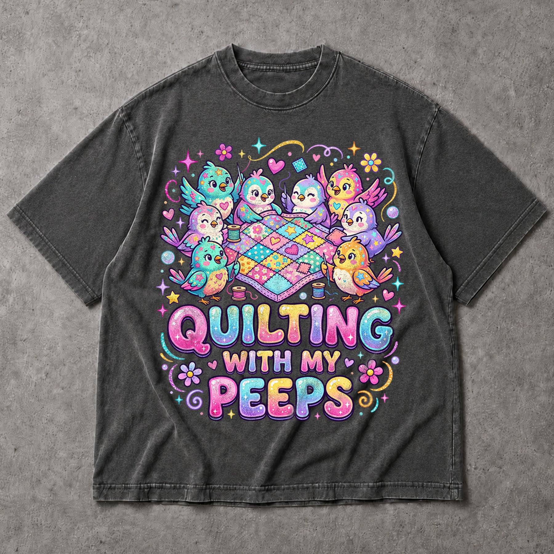 SF_COLOR=dark-heather; SF_ITEM=adult-t-shirt; SF_ROLE=main; Quilting With My Peeps T-Shirt Cute Kawaii Birds Sewing Crafter Hobby Apparel - Dark Heather Adult T-Shirt product image