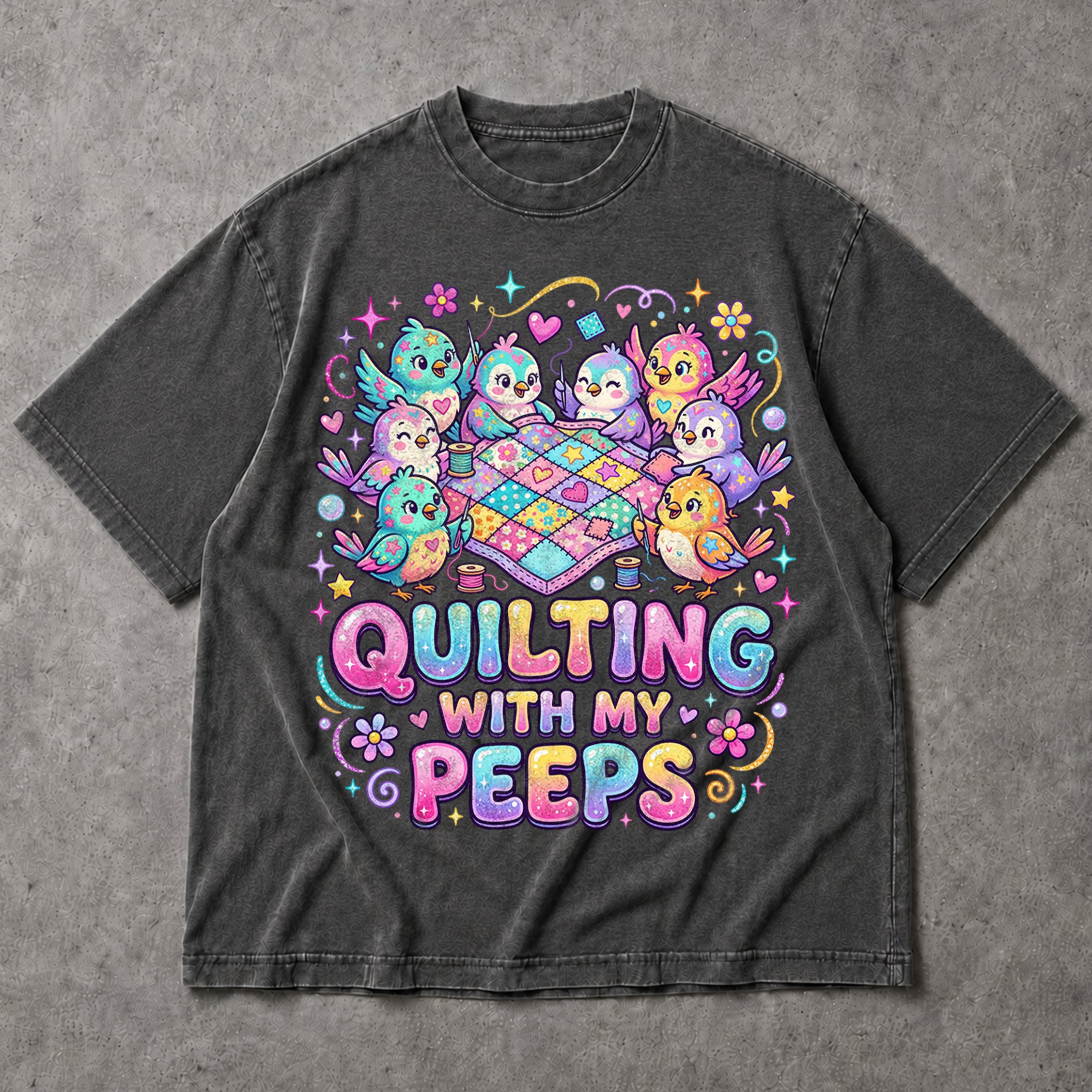 SF_COLOR=dark-heather; SF_ITEM=adult-t-shirt; SF_ROLE=main; Quilting With My Peeps T-Shirt Cute Kawaii Birds Sewing Crafter Hobby Apparel - Dark Heather Adult T-Shirt product image