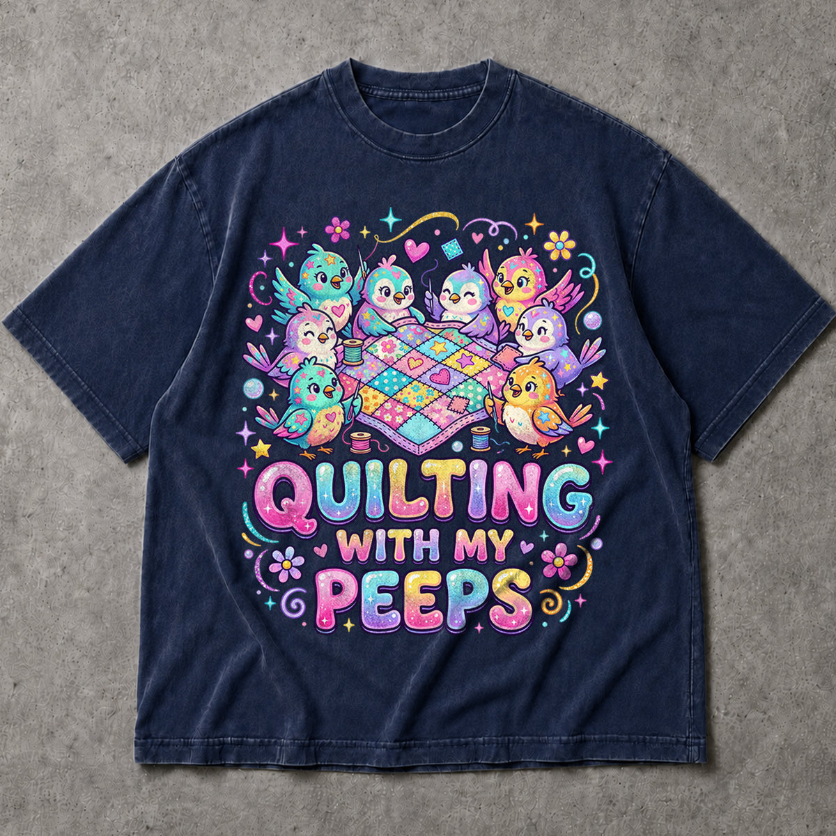 SF_COLOR=navy; SF_ITEM=adult-t-shirt; SF_ROLE=main; Quilting With My Peeps T-Shirt Cute Kawaii Birds Sewing Crafter Hobby Apparel - Navy Adult T-Shirt product image