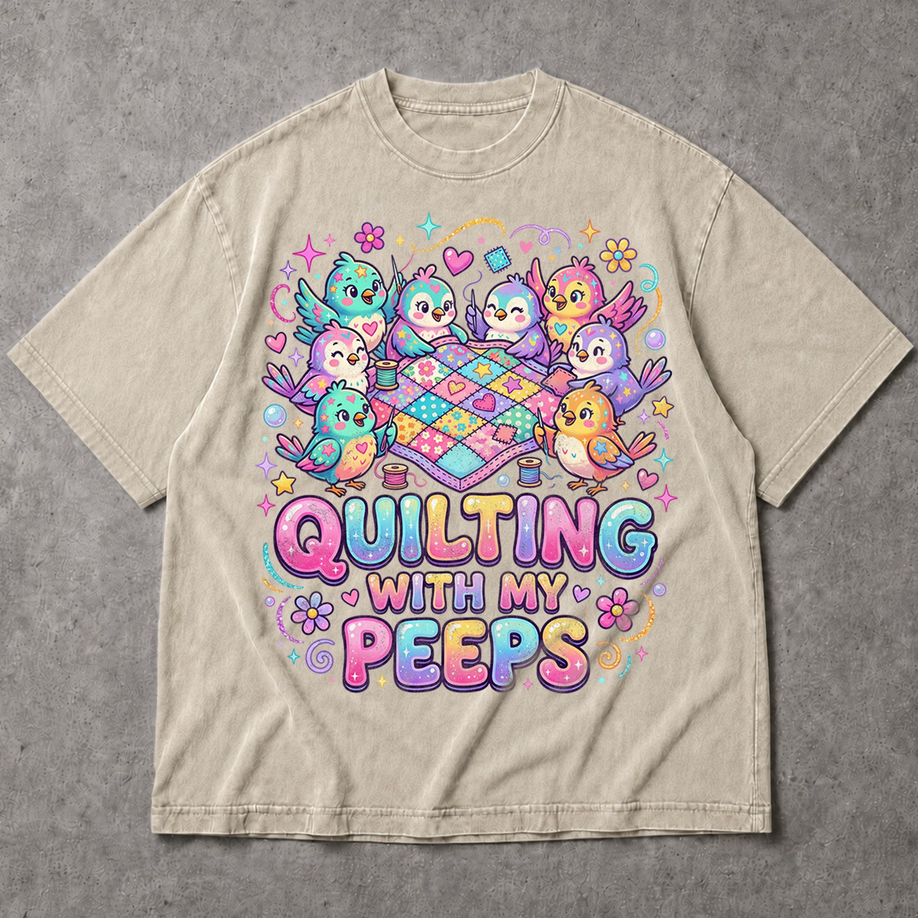 SF_COLOR=sand; SF_ITEM=adult-t-shirt; SF_ROLE=main; Quilting With My Peeps T-Shirt Cute Kawaii Birds Sewing Crafter Hobby Apparel - Sand Adult T-Shirt product image