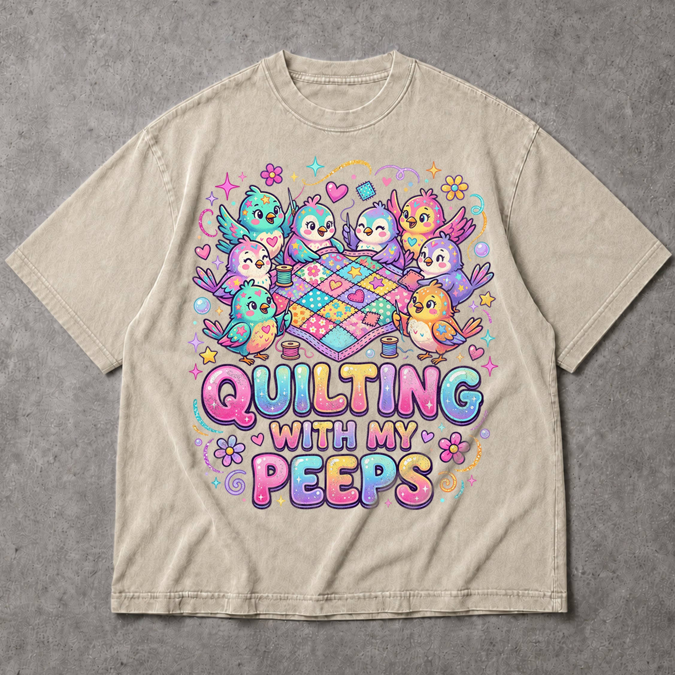 SF_COLOR=sand; SF_ITEM=adult-t-shirt; SF_ROLE=main; Quilting With My Peeps T-Shirt Cute Kawaii Birds Sewing Crafter Hobby Apparel - Sand Adult T-Shirt product image