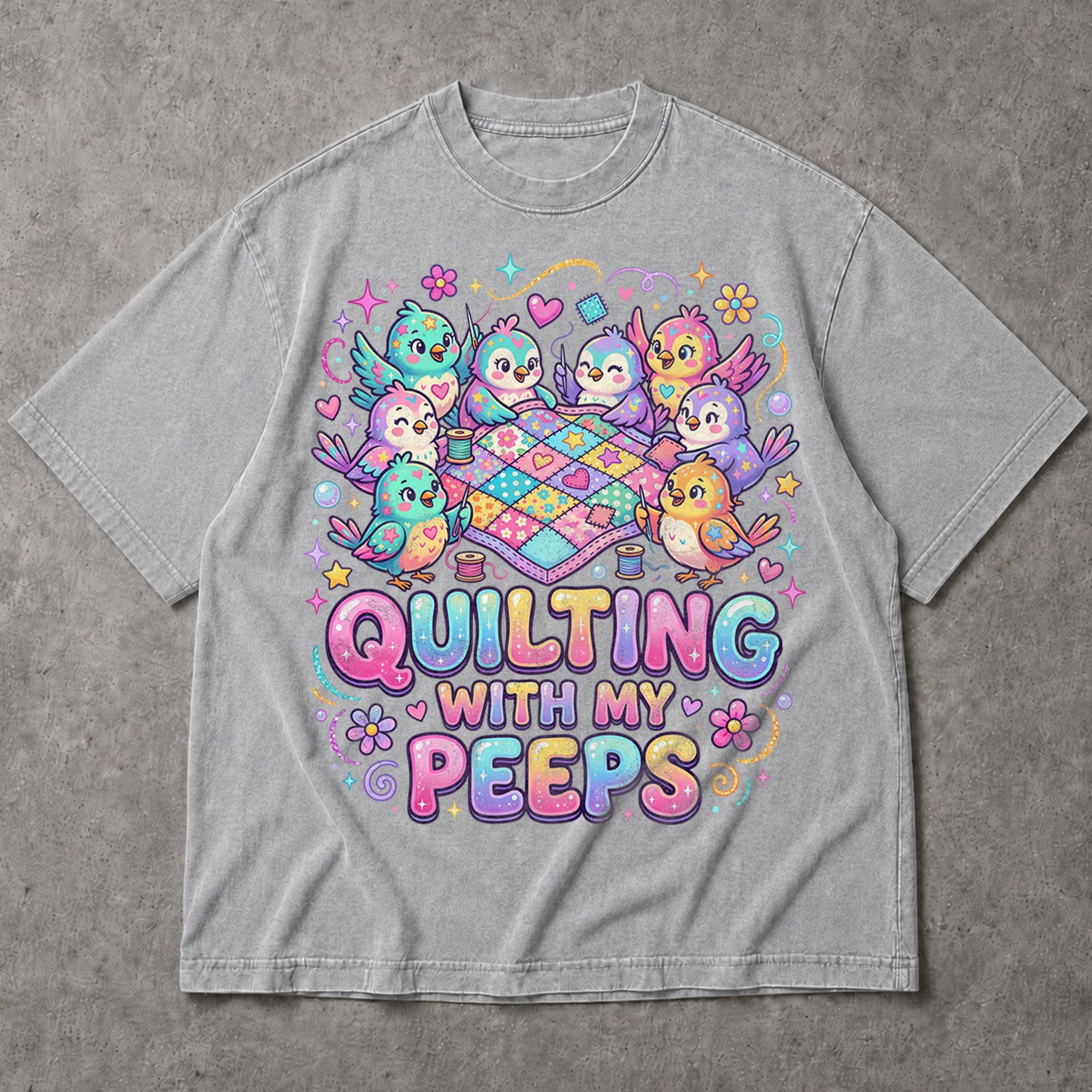 SF_COLOR=sport-grey; SF_ITEM=adult-t-shirt; SF_ROLE=main; Quilting With My Peeps T-Shirt Cute Kawaii Birds Sewing Crafter Hobby Apparel - Sport Grey Adult T-Shirt product image