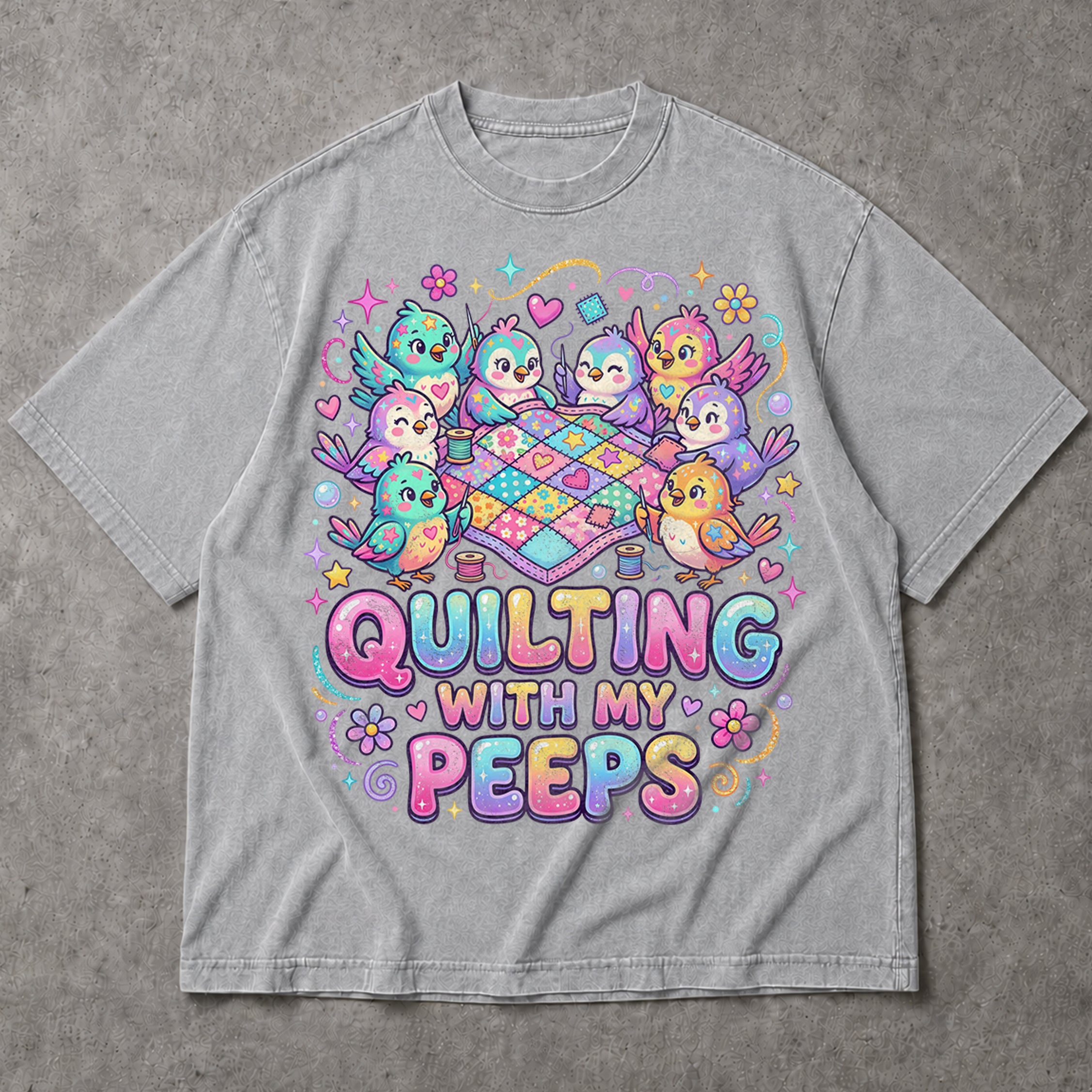 SF_COLOR=sport-grey; SF_ITEM=adult-t-shirt; SF_ROLE=main; Quilting With My Peeps T-Shirt Cute Kawaii Birds Sewing Crafter Hobby Apparel - Sport Grey Adult T-Shirt product image