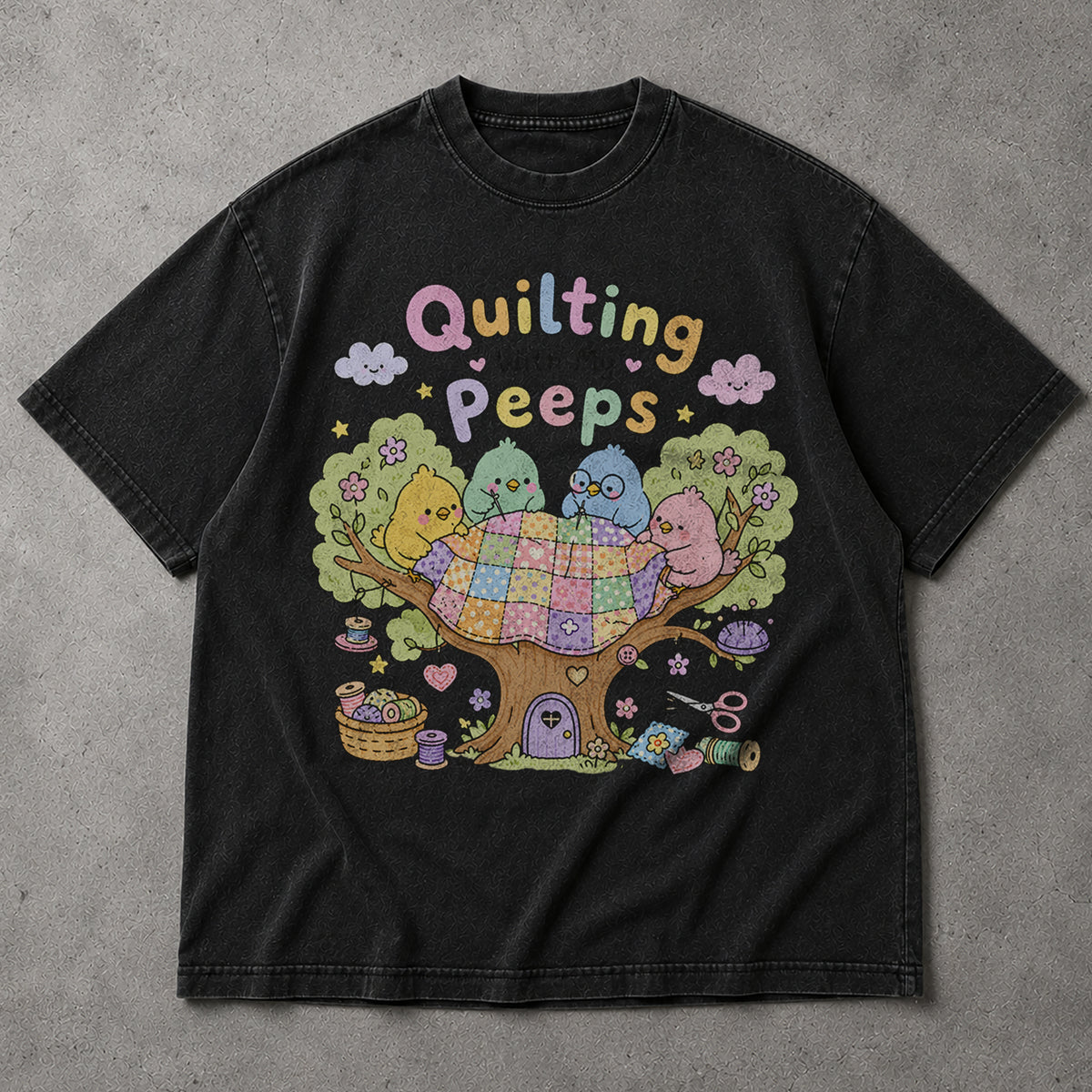 SF_COLOR=black; SF_ITEM=adult-t-shirt; SF_ROLE=main; Quilting With My Peeps T-Shirt Cute Birds Sewing Crafting Hobby Animal Apparel - Black Adult T-Shirt product image