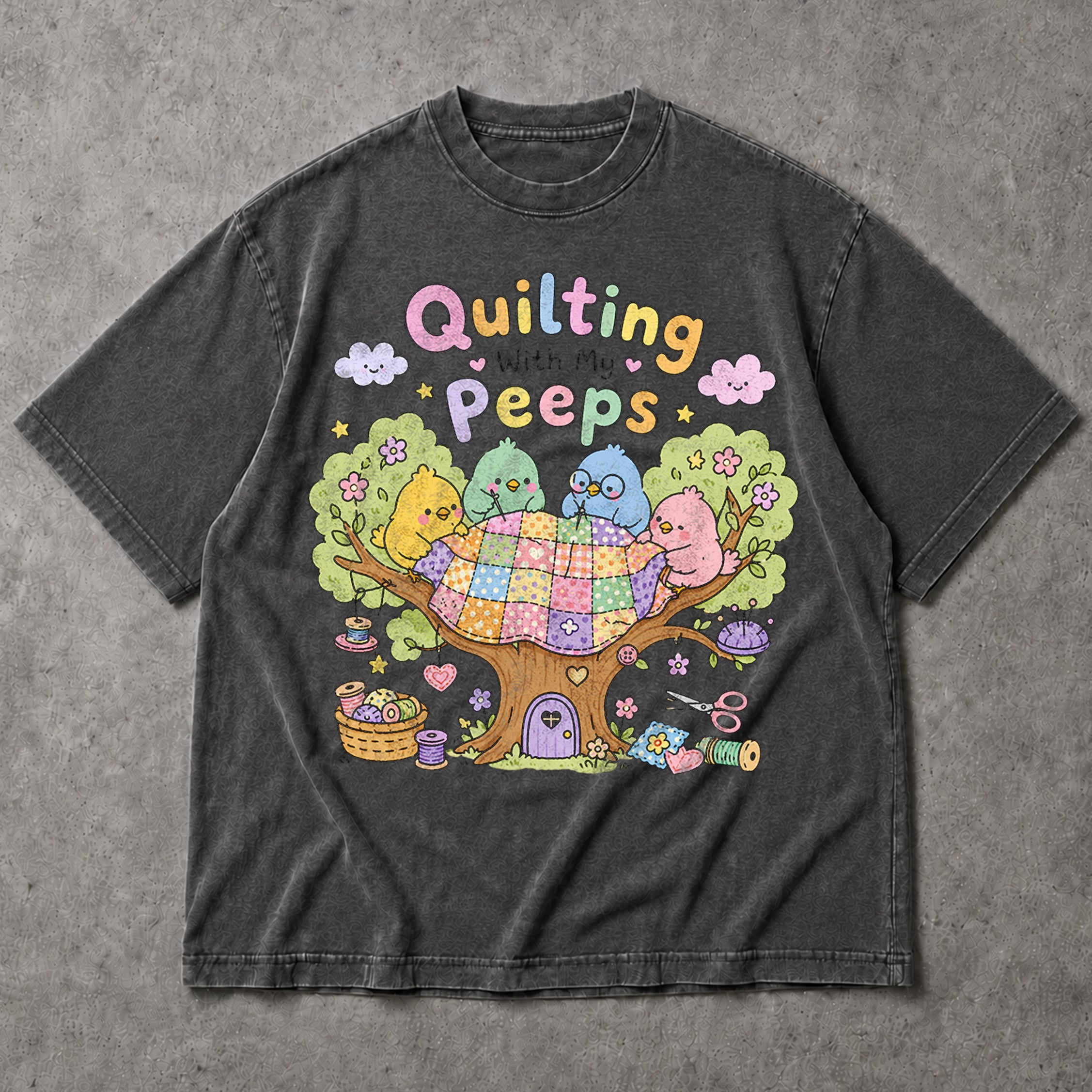 SF_COLOR=dark-heather; SF_ITEM=adult-t-shirt; SF_ROLE=main; Quilting With My Peeps T-Shirt Cute Birds Sewing Crafting Hobby Animal Apparel - Dark Heather Adult T-Shirt product image