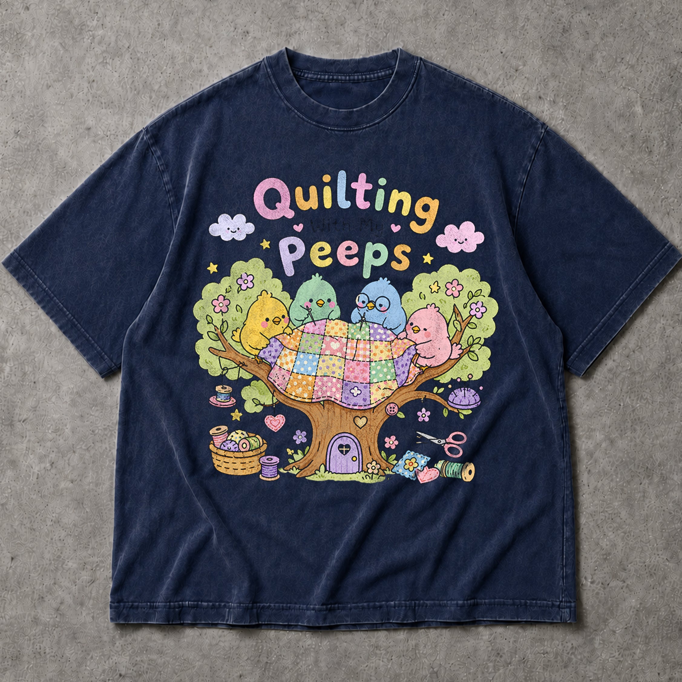 SF_COLOR=navy; SF_ITEM=adult-t-shirt; SF_ROLE=main; Quilting With My Peeps T-Shirt Cute Birds Sewing Crafting Hobby Animal Apparel - Navy Adult T-Shirt product image