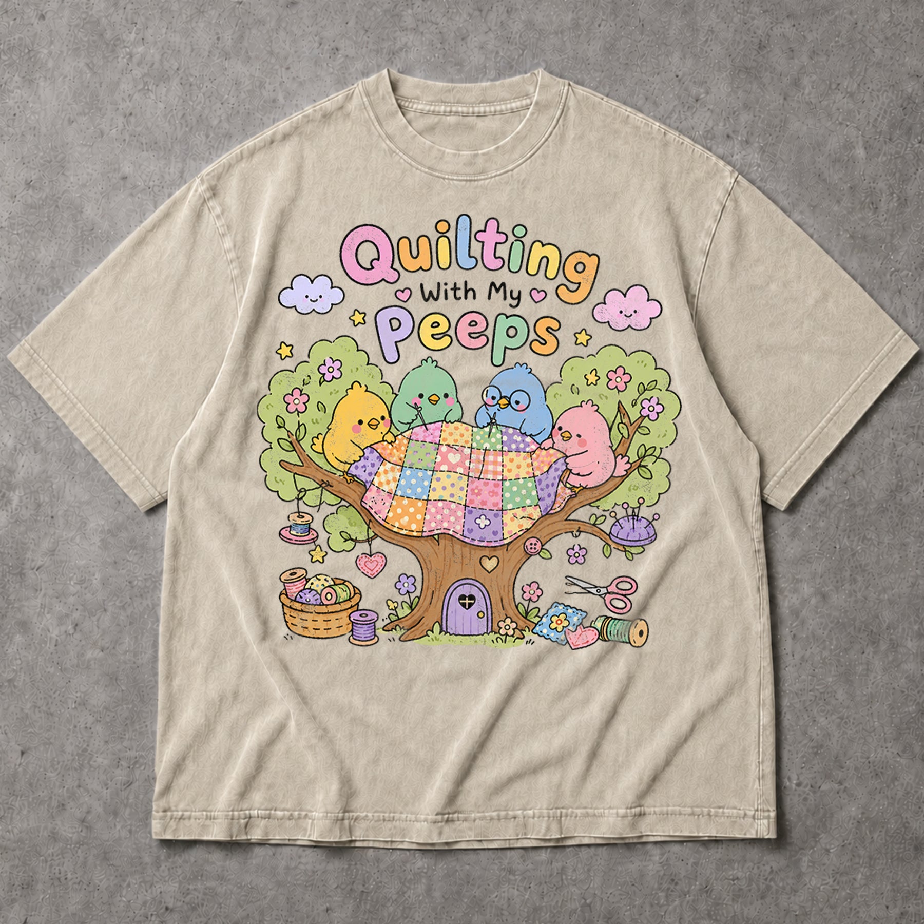 SF_COLOR=sand; SF_ITEM=adult-t-shirt; SF_ROLE=main; Quilting With My Peeps T-Shirt Cute Birds Sewing Crafting Hobby Animal Apparel - Sand Adult T-Shirt product image