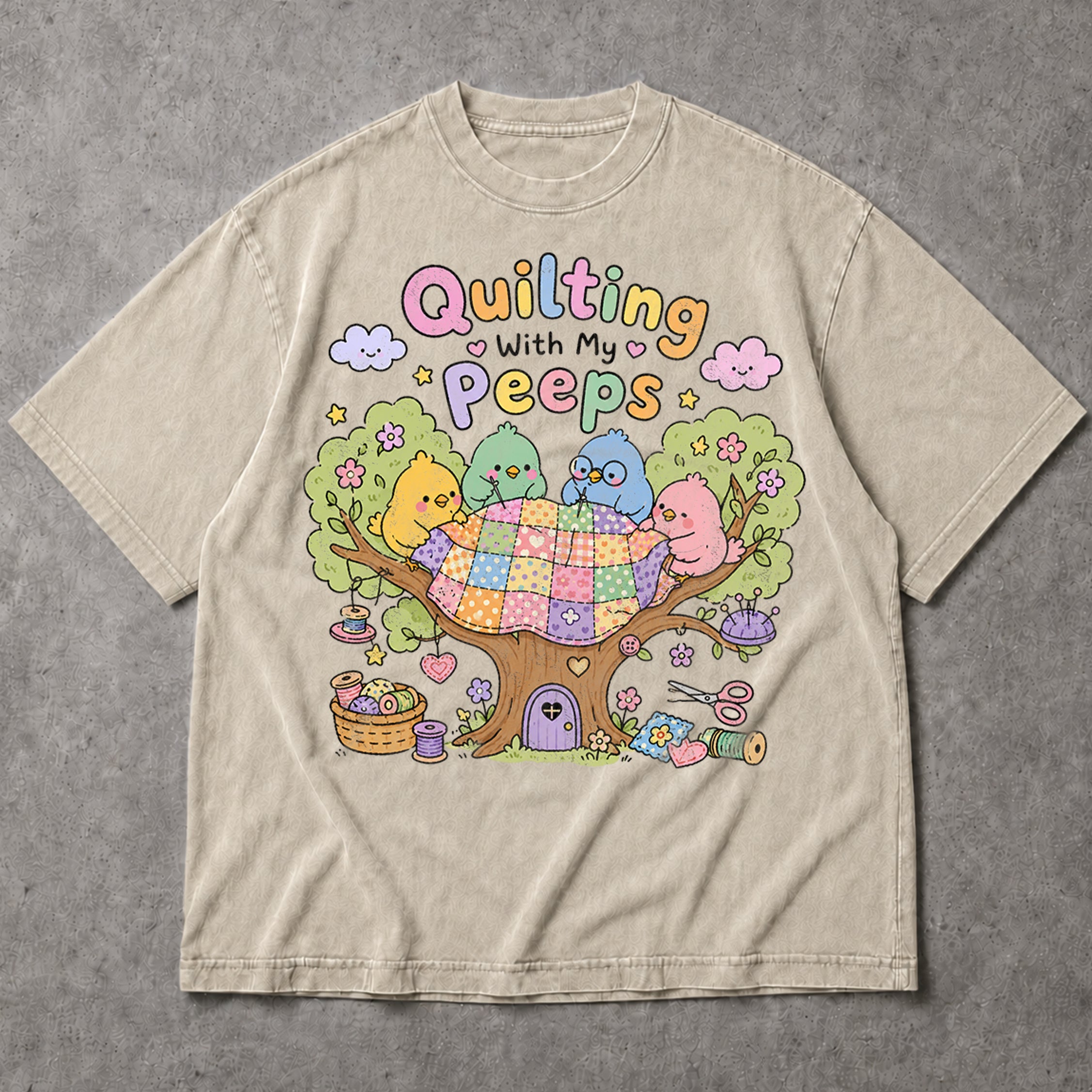 SF_COLOR=sand; SF_ITEM=adult-t-shirt; SF_ROLE=main; Quilting With My Peeps T-Shirt Cute Birds Sewing Crafting Hobby Animal Apparel - Sand Adult T-Shirt product image