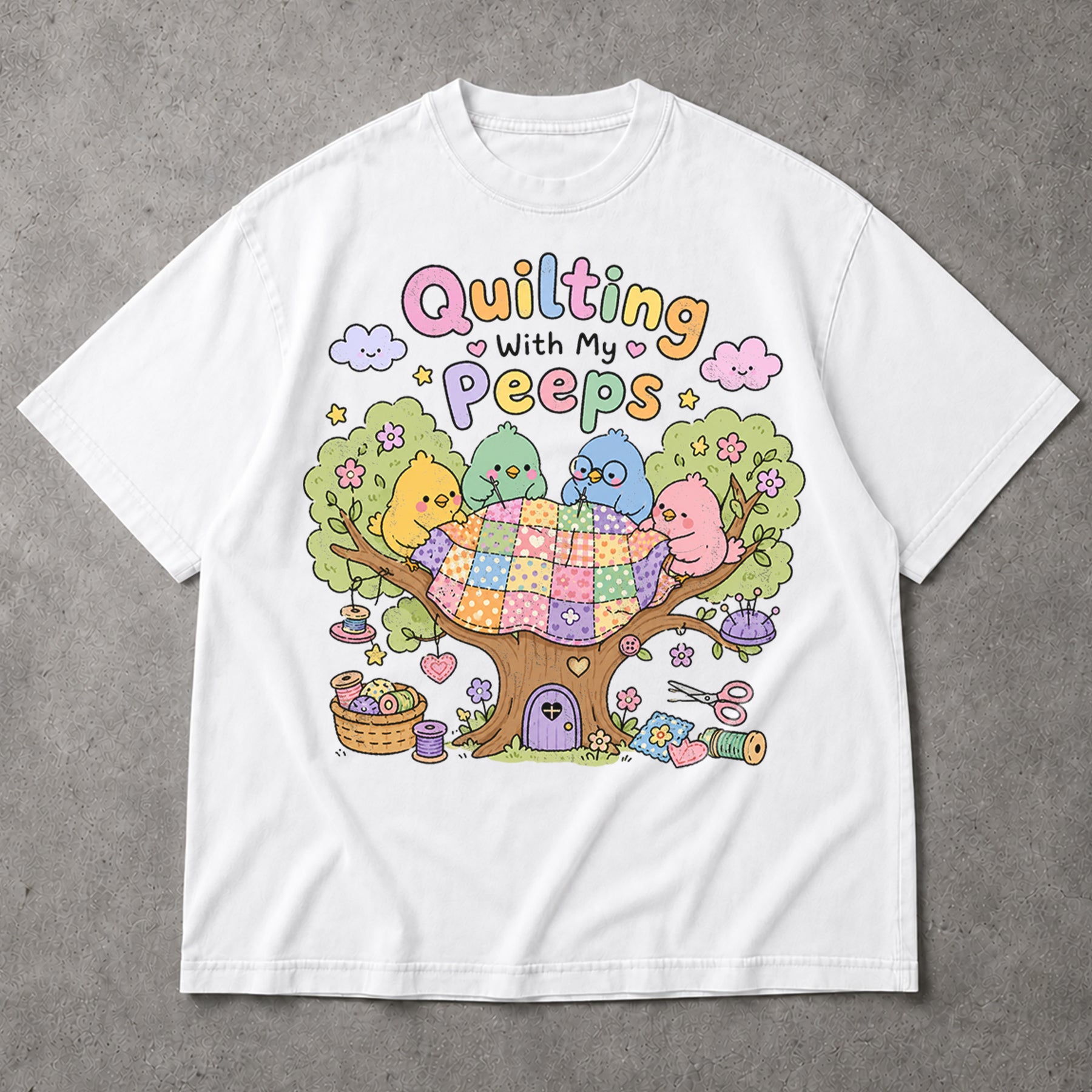 SF_COLOR=white; SF_ITEM=adult-t-shirt; SF_ROLE=main; Quilting With My Peeps T-Shirt Cute Birds Sewing Crafting Hobby Animal Apparel - White Adult T-Shirt product image
