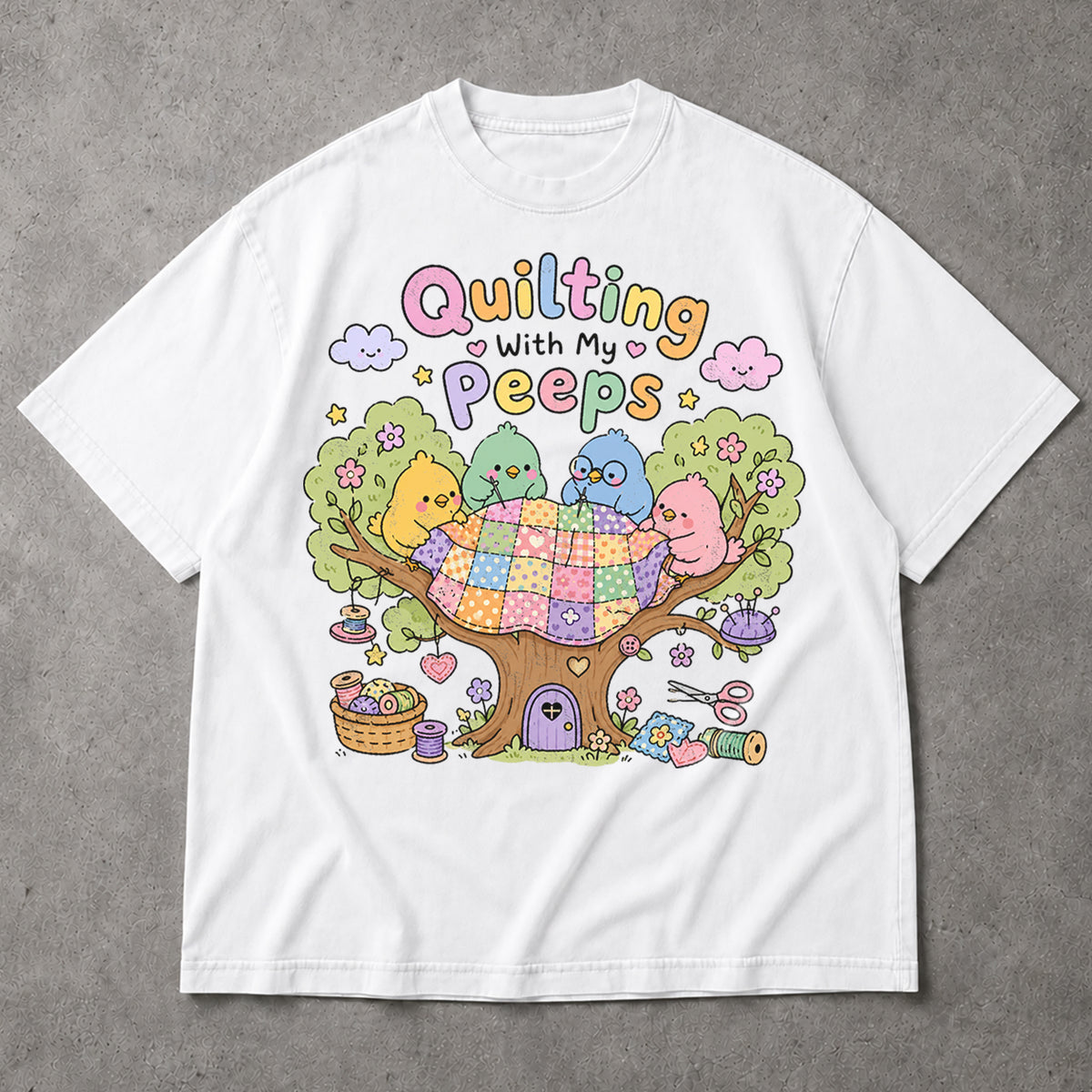 SF_COLOR=white; SF_ITEM=adult-t-shirt; SF_ROLE=main; Quilting With My Peeps T-Shirt Cute Birds Sewing Crafting Hobby Animal Apparel - White Adult T-Shirt product image