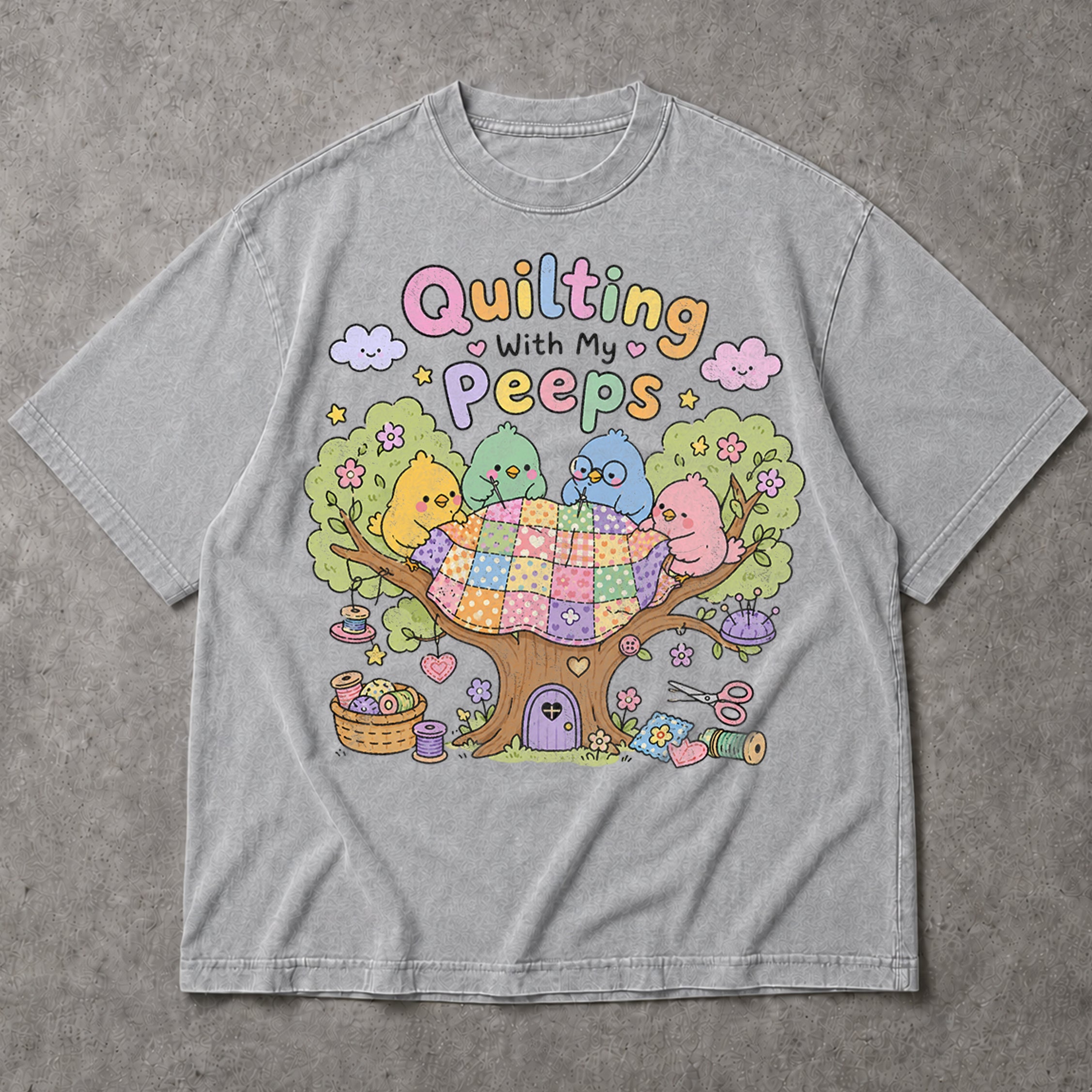 SF_COLOR=sport-grey; SF_ITEM=adult-t-shirt; SF_ROLE=main; Quilting With My Peeps T-Shirt Cute Birds Sewing Crafting Hobby Animal Apparel - Sport Grey Adult T-Shirt product image