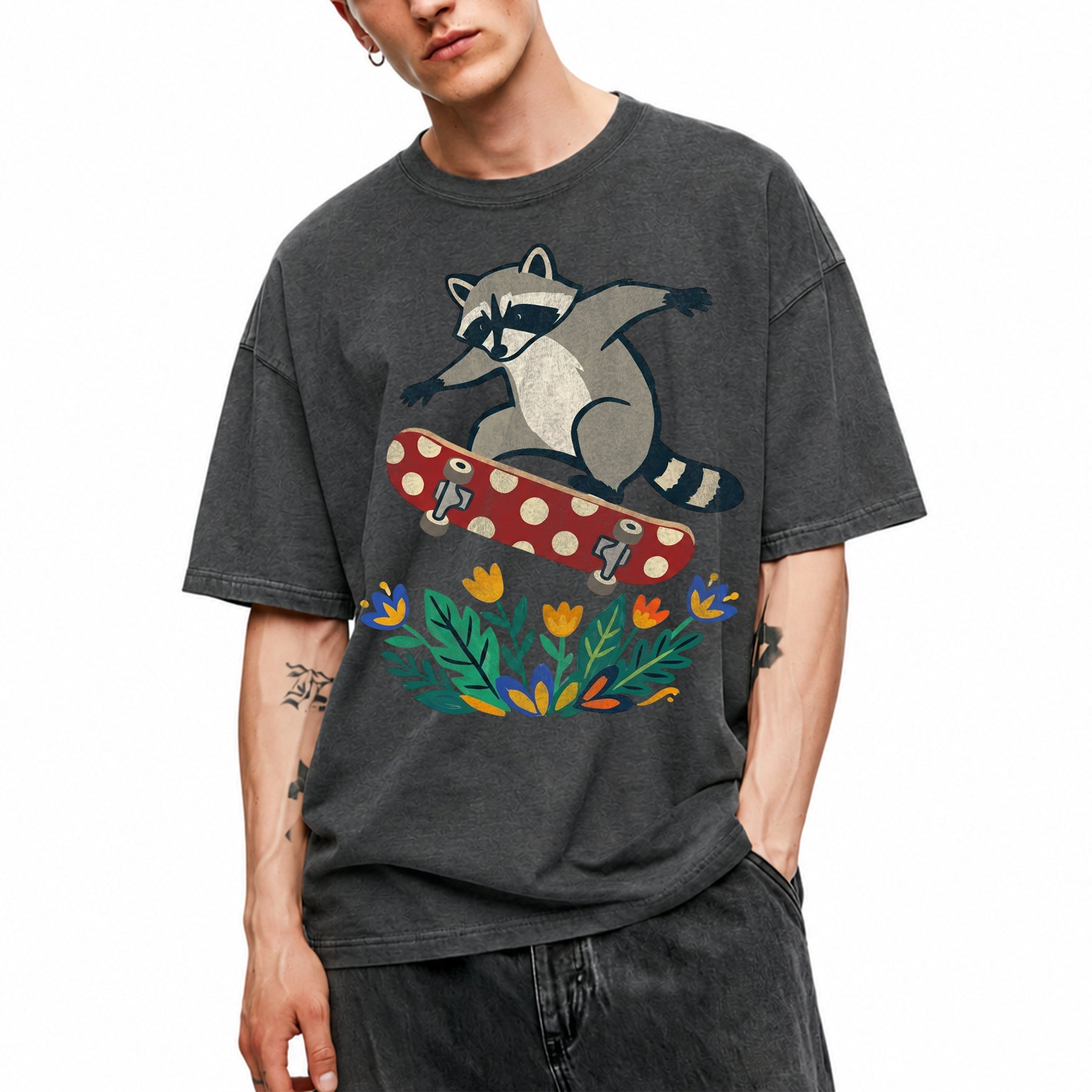 SF_COLOR=dark-heather; SF_ITEM=adult-t-shirt; SF_ROLE=main; Raccoon Jumping Skateboard Action Streetwear T-Shirt Cool Wild Skater Item Tee - Dark Heather Adult T-Shirt product image