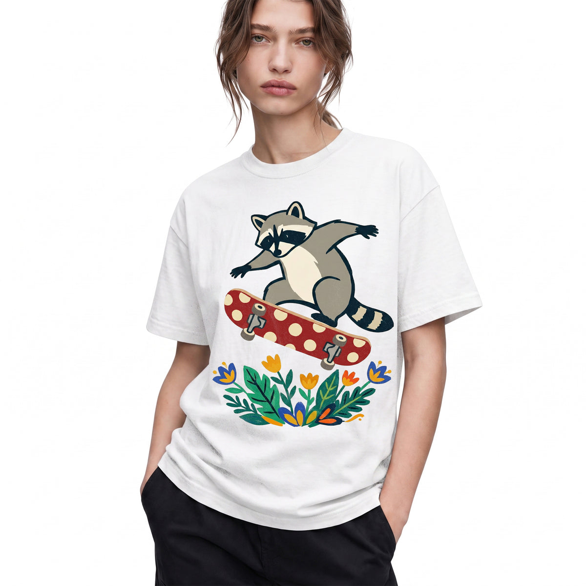 SF_COLOR=white; SF_ITEM=adult-t-shirt; SF_ROLE=gallery; Raccoon Jumping Skateboard Action Streetwear T-Shirt Cool Wild Skater Item Tee - White Adult T-Shirt product image