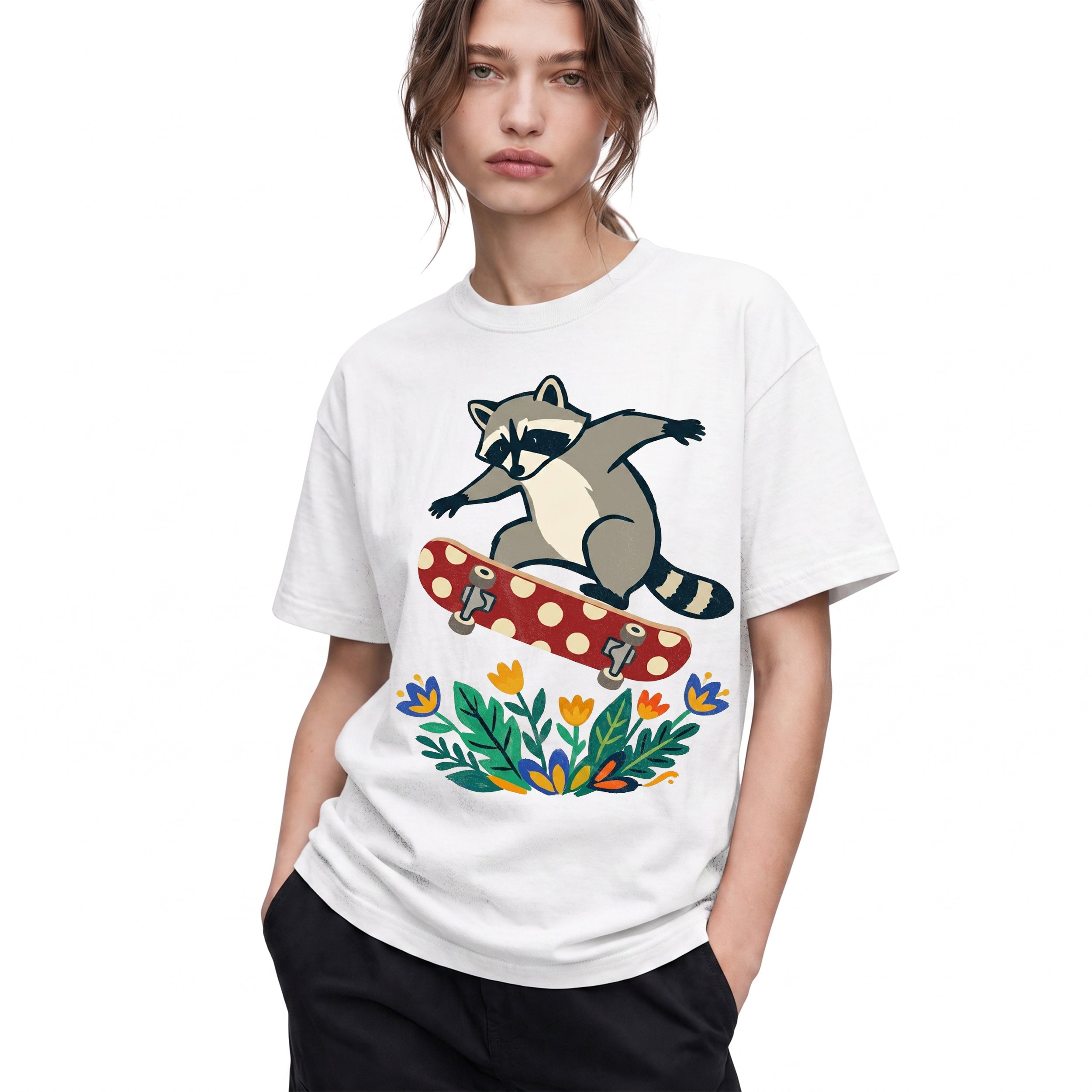 SF_COLOR=white; SF_ITEM=adult-t-shirt; SF_ROLE=gallery; Raccoon Jumping Skateboard Action Streetwear T-Shirt Cool Wild Skater Item Tee - White Adult T-Shirt product image