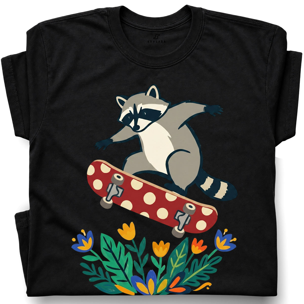 SF_COLOR=black; SF_ITEM=adult-t-shirt; SF_ROLE=gallery; Raccoon Jumping Skateboard Action Streetwear T-Shirt Cool Wild Skater Item Tee - Black Adult T-Shirt product image