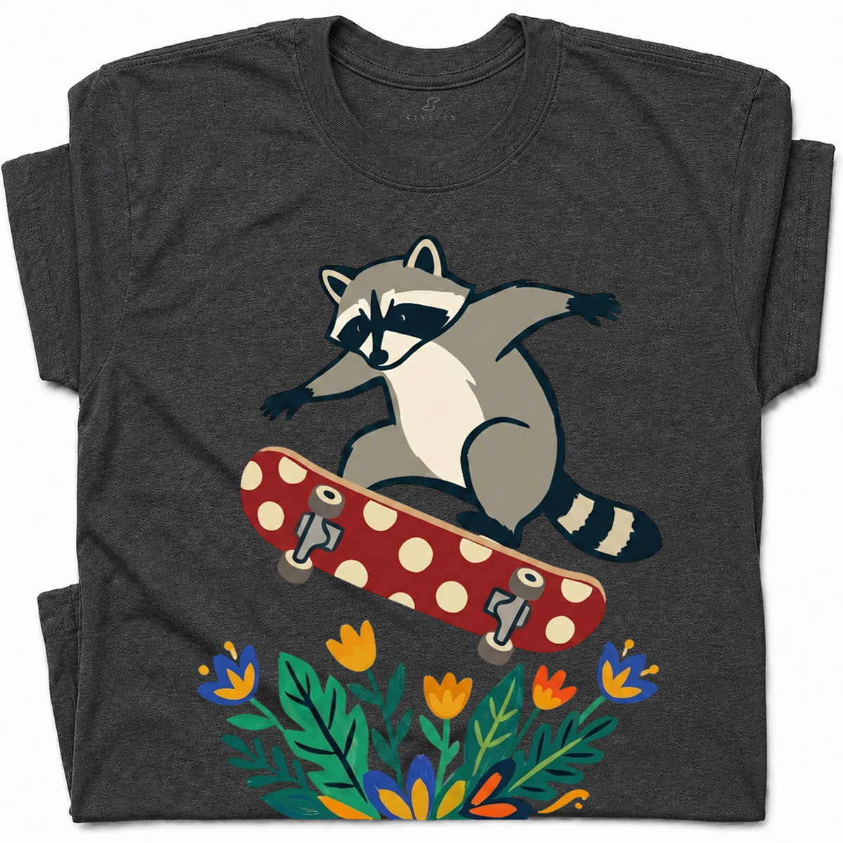 SF_COLOR=dark-heather; SF_ITEM=adult-t-shirt; SF_ROLE=gallery; Raccoon Jumping Skateboard Action Streetwear T-Shirt Cool Wild Skater Item Tee - Dark Heather Adult T-Shirt product image