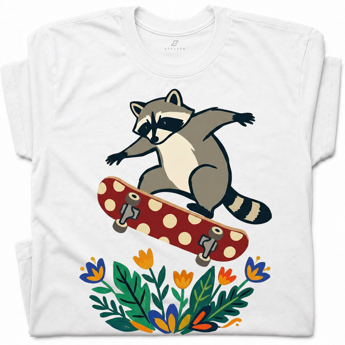 SF_COLOR=white; SF_ITEM=adult-t-shirt; SF_ROLE=gallery; Raccoon Jumping Skateboard Action Streetwear T-Shirt Cool Wild Skater Item Tee - White Adult T-Shirt product image