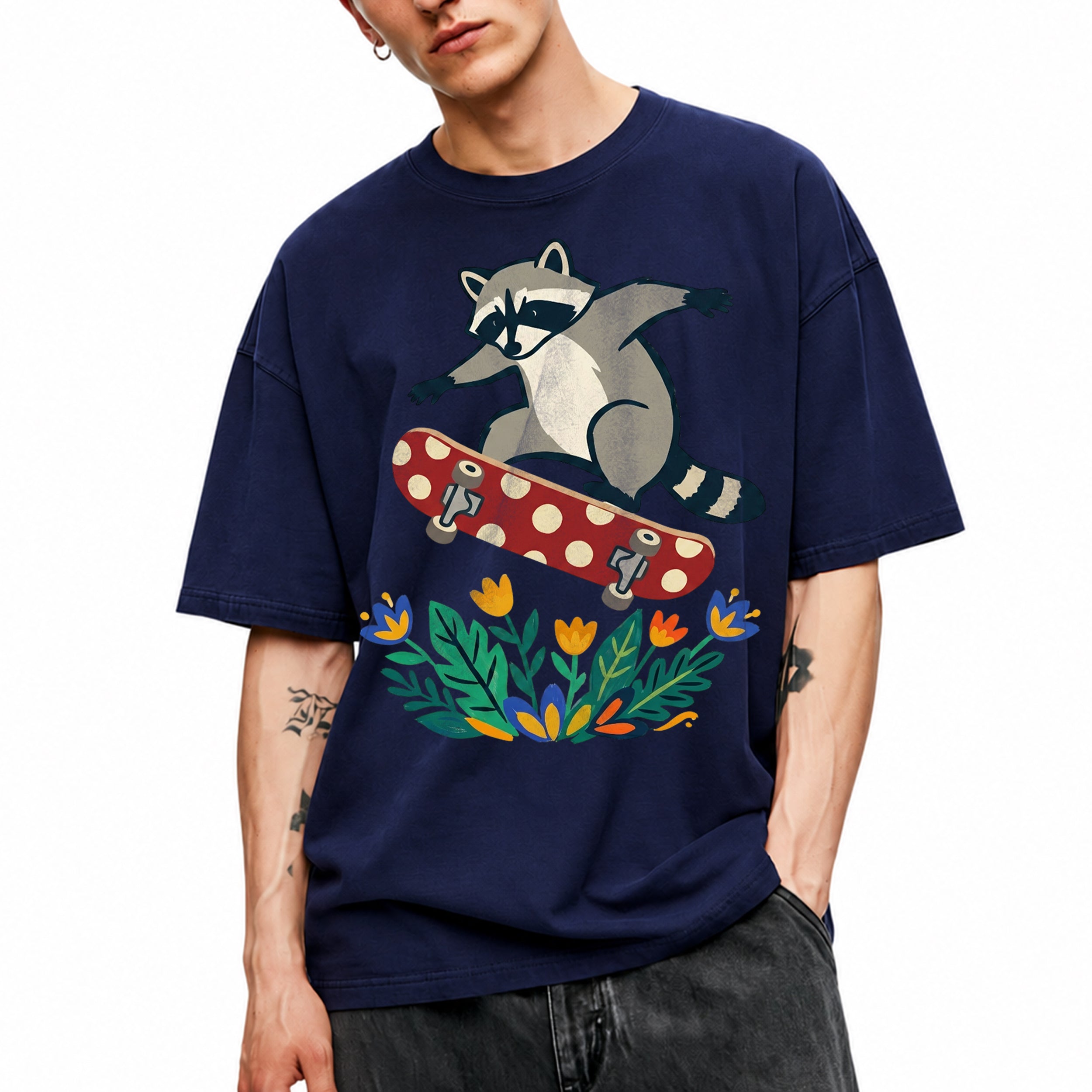 SF_COLOR=navy; SF_ITEM=adult-t-shirt; SF_ROLE=main; Raccoon Jumping Skateboard Action Streetwear T-Shirt Cool Wild Skater Item Tee - Navy Adult T-Shirt product image