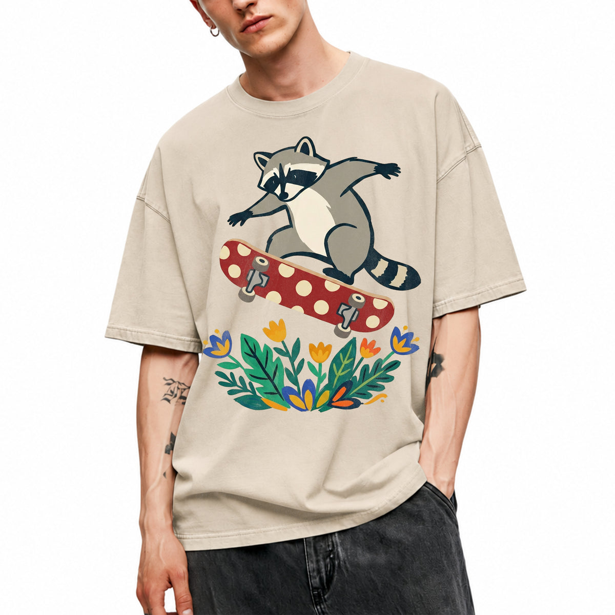 SF_COLOR=sand; SF_ITEM=adult-t-shirt; SF_ROLE=main; Raccoon Jumping Skateboard Action Streetwear T-Shirt Cool Wild Skater Item Tee - Sand Adult T-Shirt product image