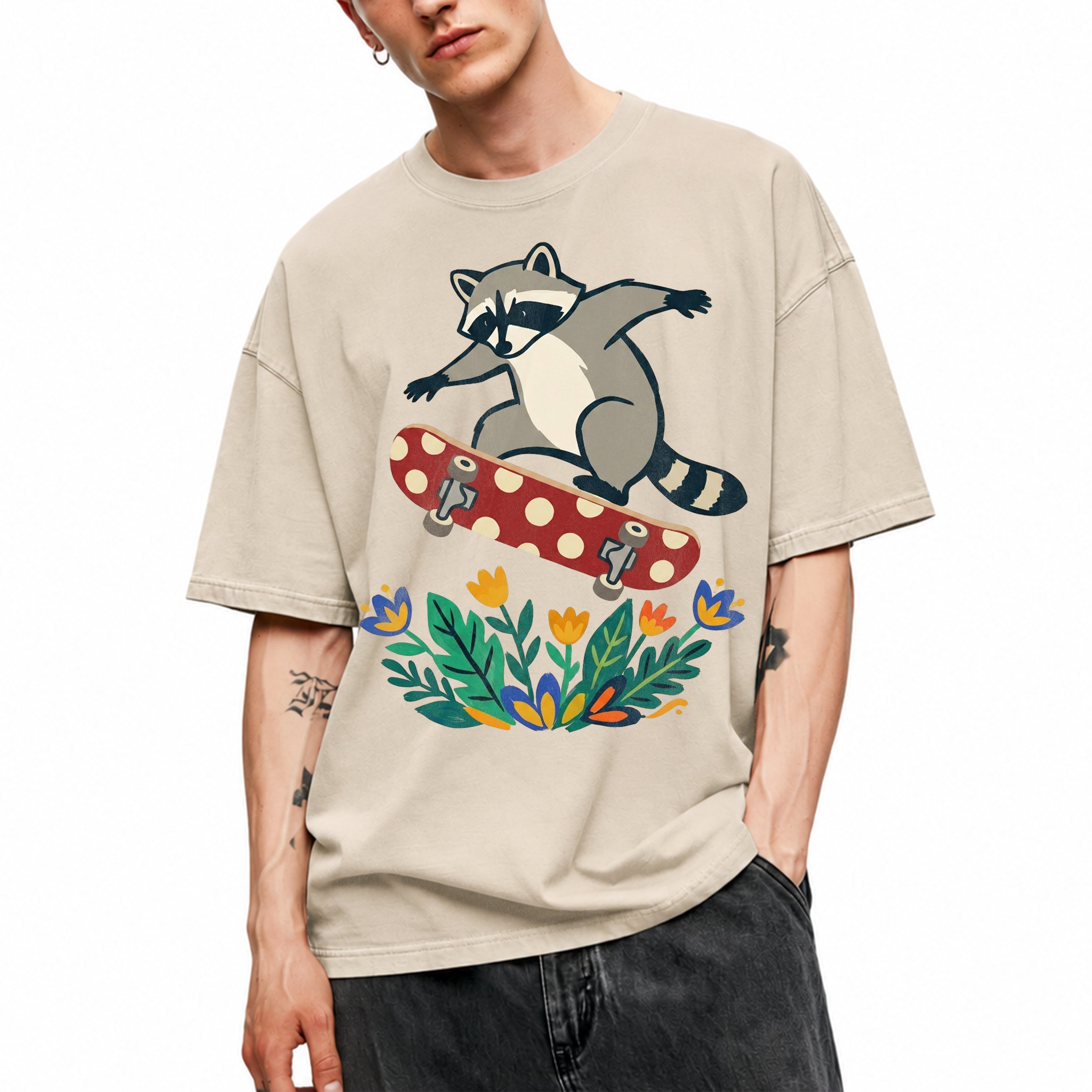 SF_COLOR=sand; SF_ITEM=adult-t-shirt; SF_ROLE=main; Raccoon Jumping Skateboard Action Streetwear T-Shirt Cool Wild Skater Item Tee - Sand Adult T-Shirt product image