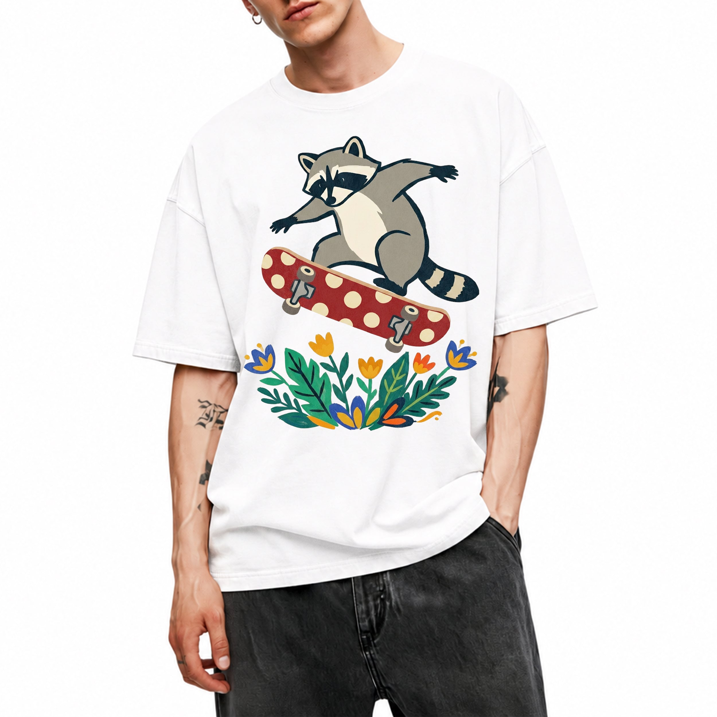 SF_COLOR=white; SF_ITEM=adult-t-shirt; SF_ROLE=main; Raccoon Jumping Skateboard Action Streetwear T-Shirt Cool Wild Skater Item Tee - White Adult T-Shirt product image