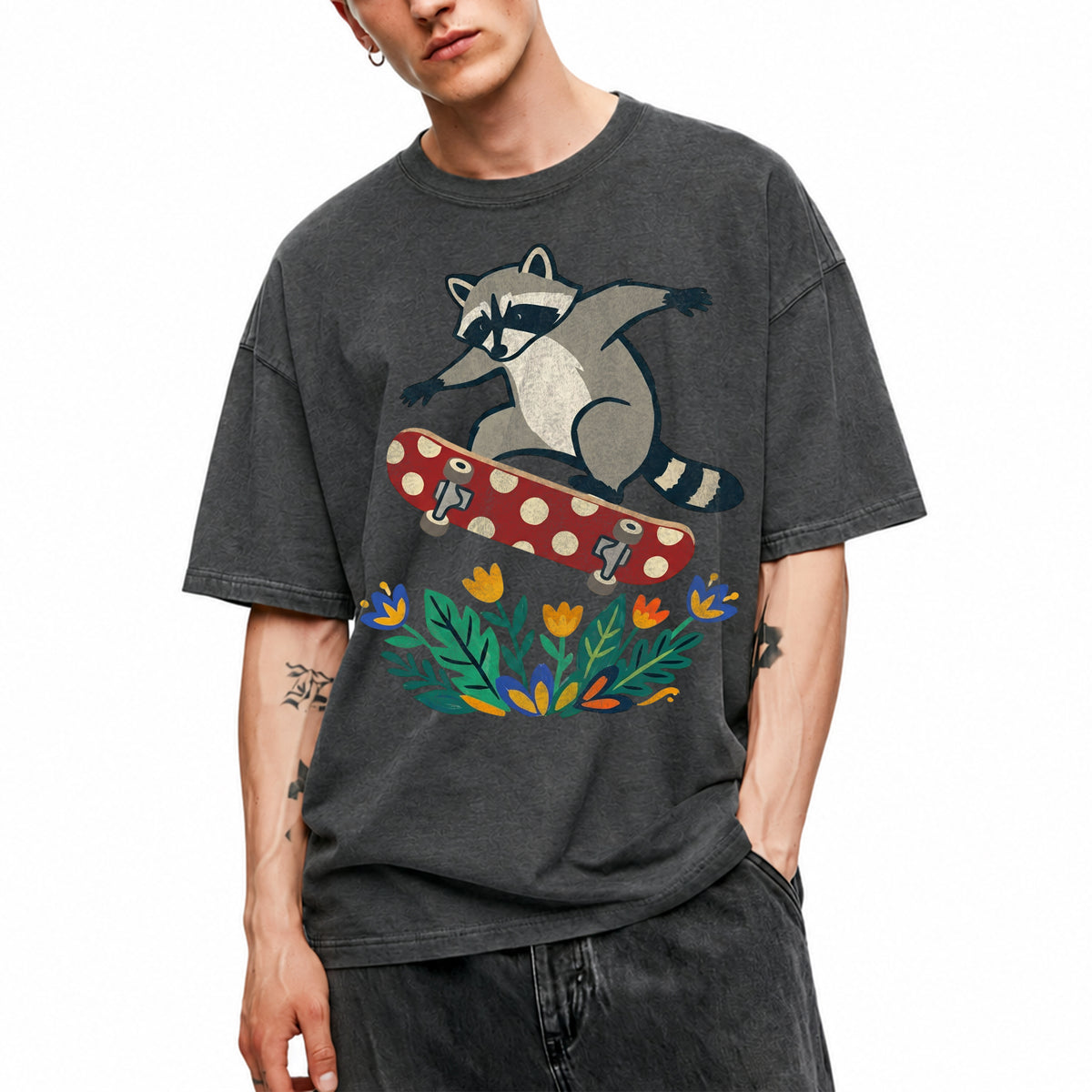 SF_COLOR=dark-heather; SF_ITEM=adult-t-shirt; SF_ROLE=main; Raccoon Jumping Skateboard Action Streetwear T-Shirt Cool Wild Skater Item Tee - Dark Heather Adult T-Shirt product image