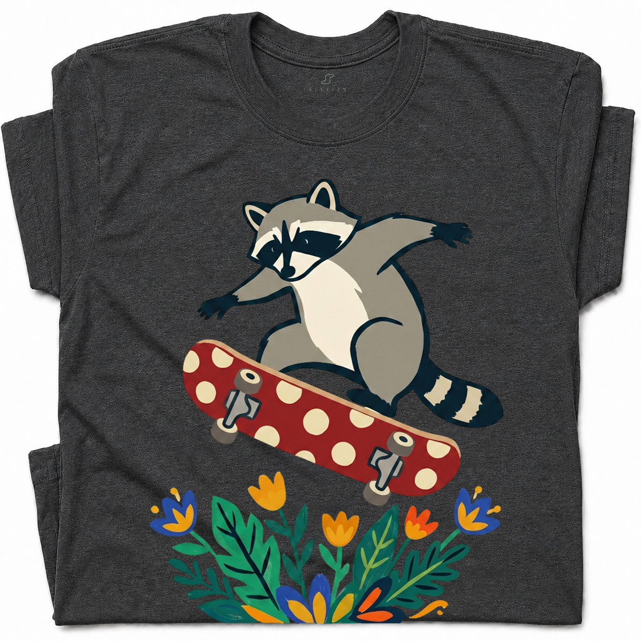 SF_COLOR=dark-heather; SF_ITEM=adult-t-shirt; SF_ROLE=gallery; Raccoon Jumping Skateboard Action Streetwear T-Shirt Cool Wild Skater Item Tee - Dark Heather Adult T-Shirt product image