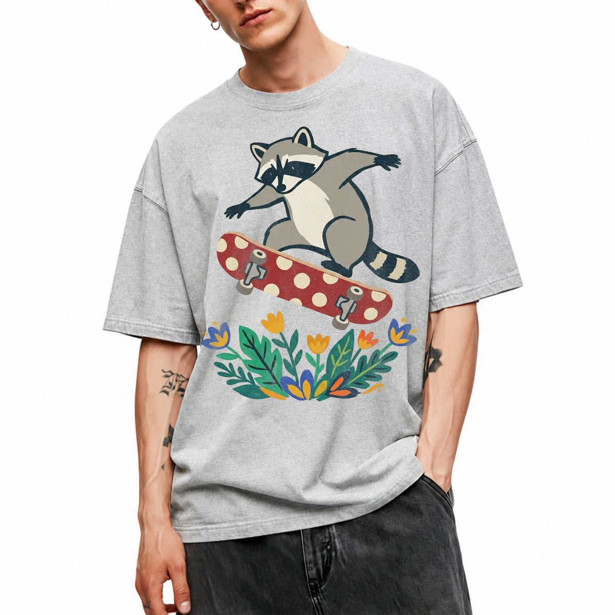 SF_COLOR=sport-grey; SF_ITEM=adult-t-shirt; SF_ROLE=main; Raccoon Jumping Skateboard Action Streetwear T-Shirt Cool Wild Skater Item Tee - Sport Grey Adult T-Shirt product image