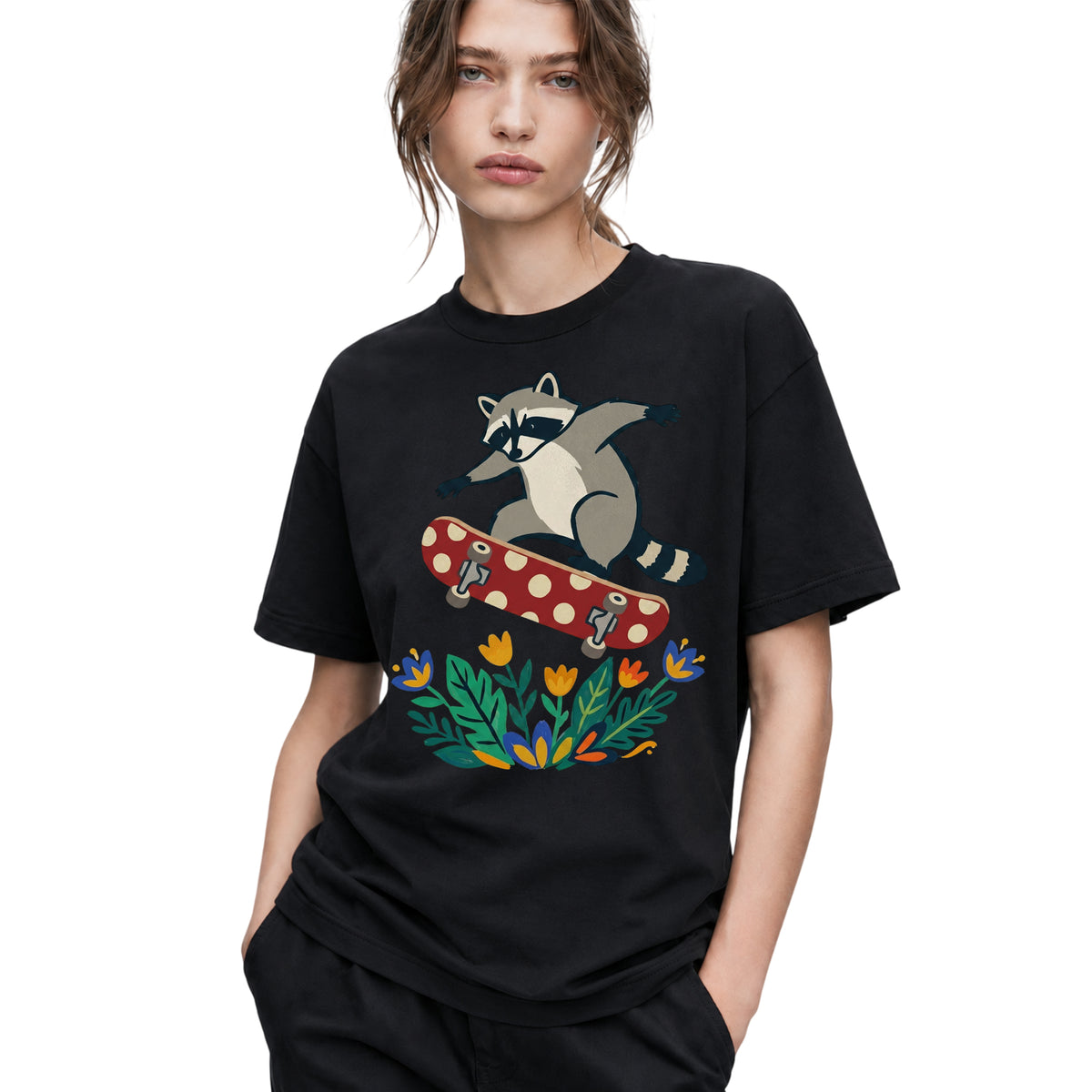 SF_COLOR=black; SF_ITEM=adult-t-shirt; SF_ROLE=gallery; Raccoon Jumping Skateboard Action Streetwear T-Shirt Cool Wild Skater Item Tee - Black Adult T-Shirt product image